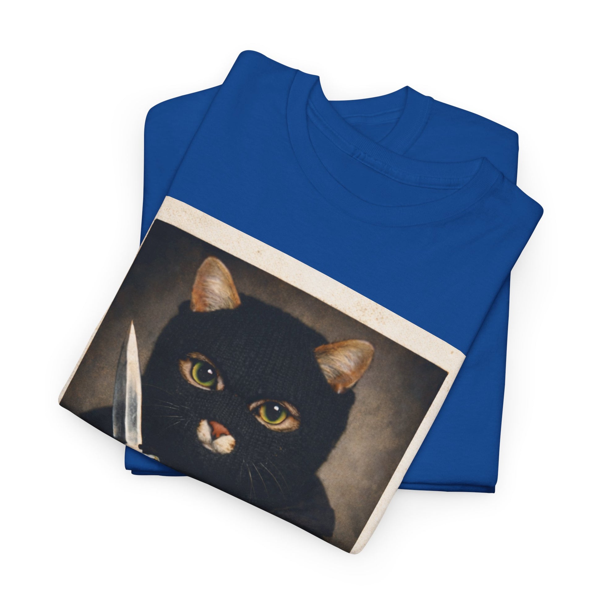 Cat With Knife Tee — "Mittens" Dark Humor Vintage Polaroid Graphic T-Shirt