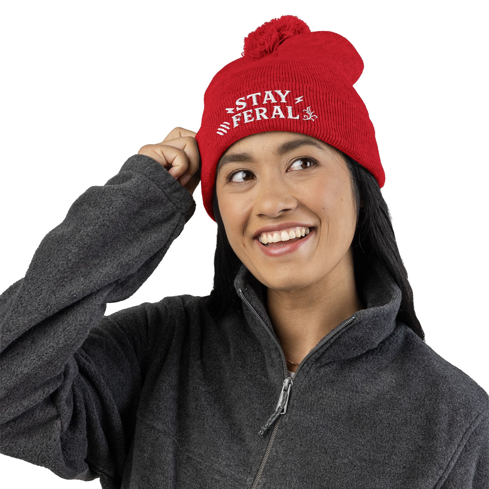 Stay Feral Pom-Pom Knit Cap, Cozy Winter Beanie, Embroidered Hats for Adventurers, Gift for Outdoorsy Friends, Stylish Cold Weather [...]
