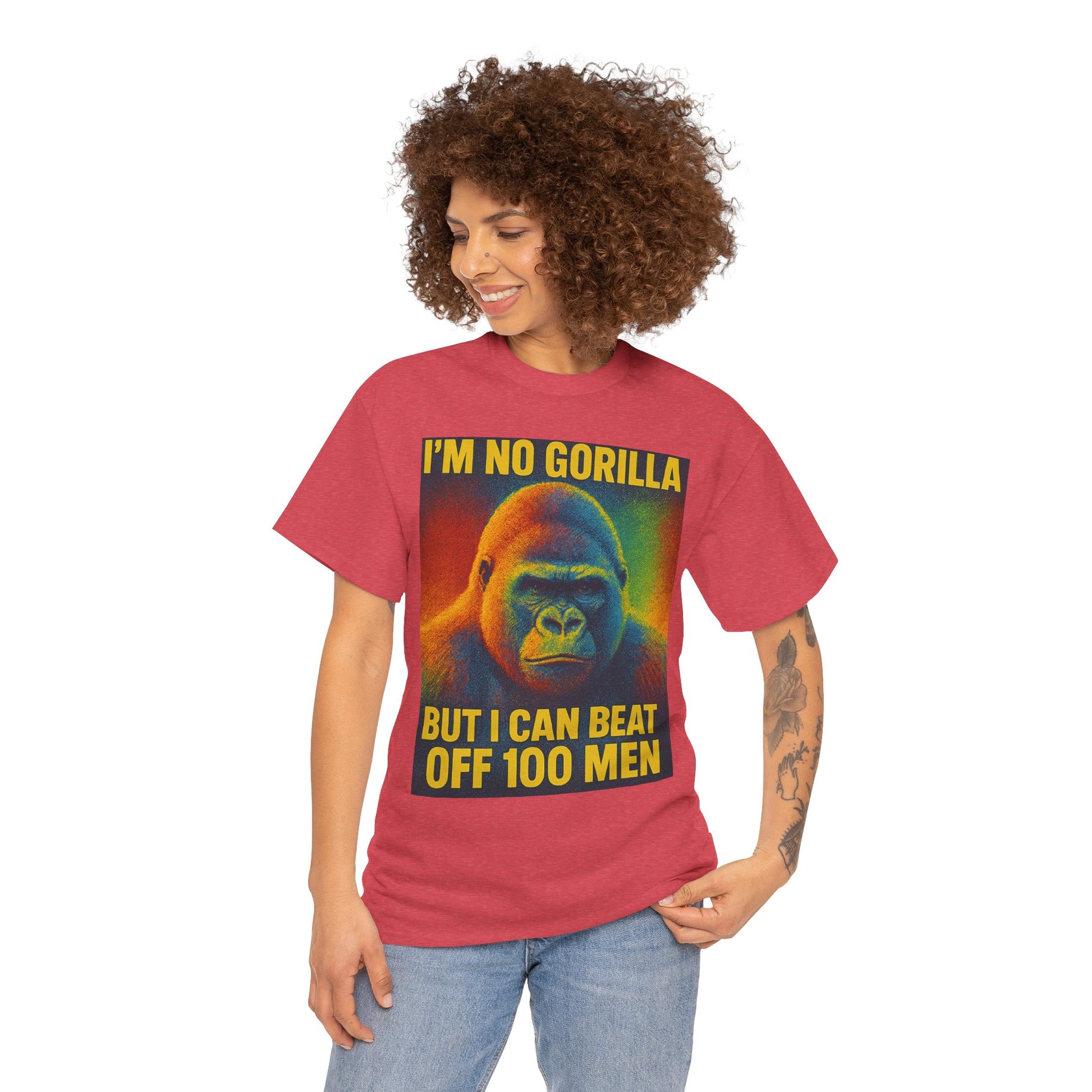 I’m No Gorilla But I Can Beat Off 100 Men Shirt – Multicolor Halftone Gorilla Tee on Gildan 5000