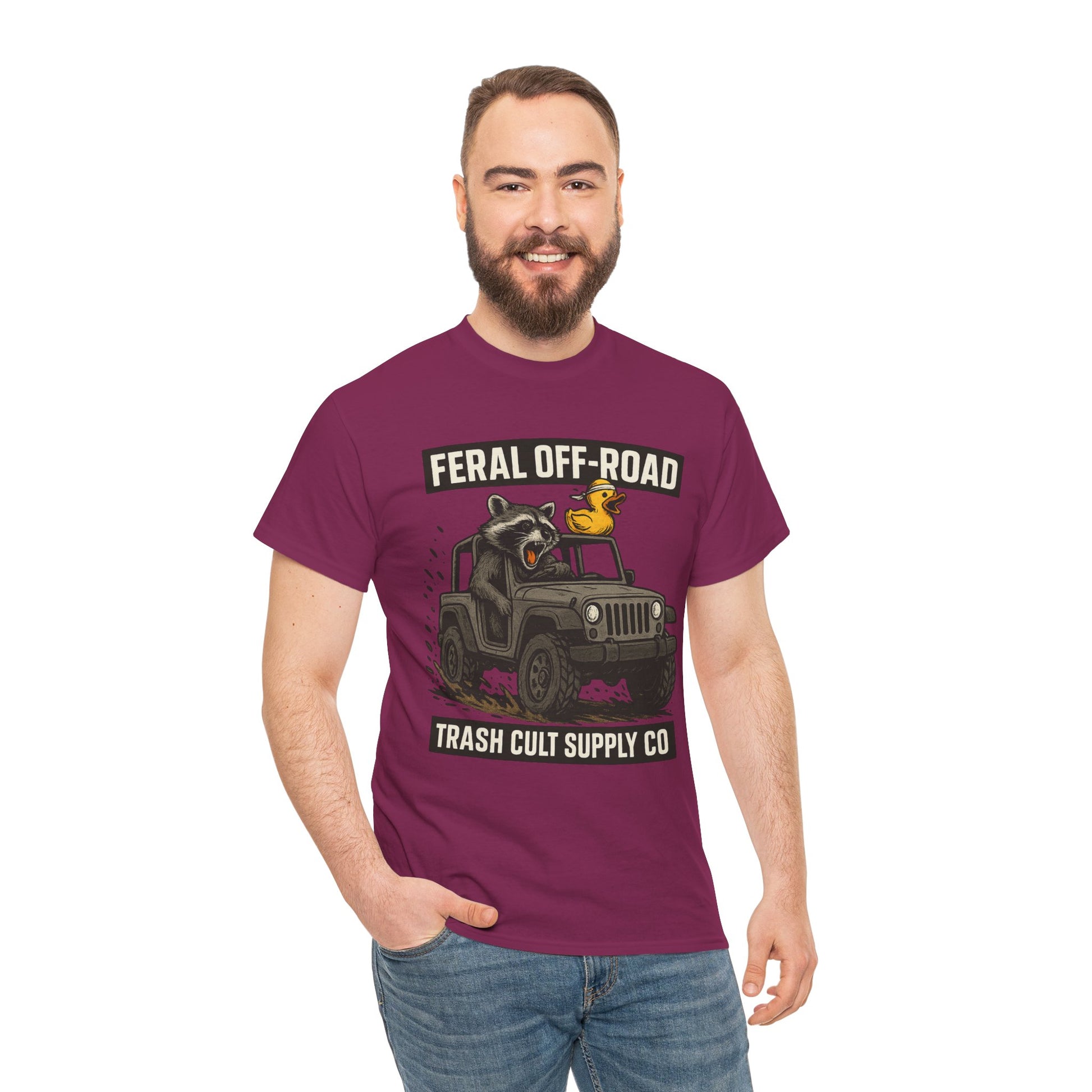 Feral Off-Road Raccoon Jeep Shirt – Mud Slinging Chaos | Trash Cult Supply Co | Gildan 5000 Tee