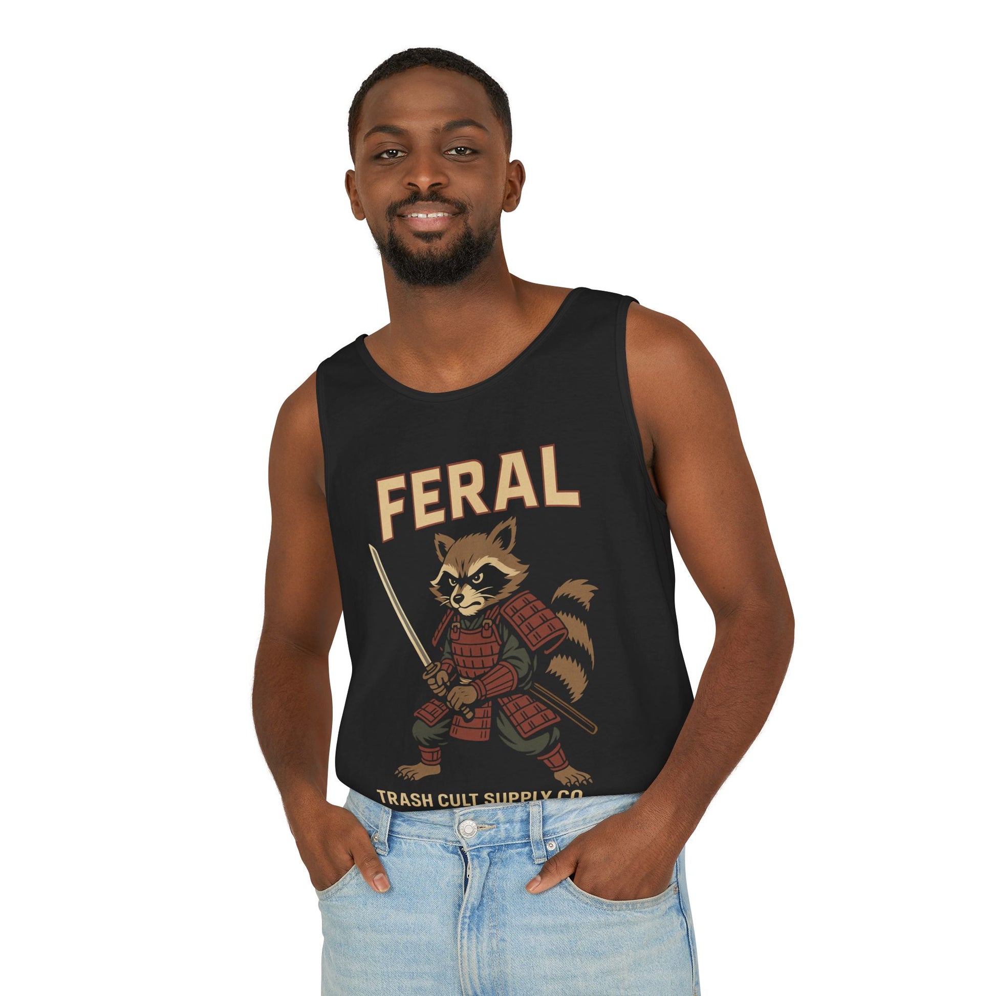 Feral Samurai Raccoon Tank Top, Unisex Graphic Tee, Summer Shirt, Gift for Animal Lovers, Trendy Outdoor Wear