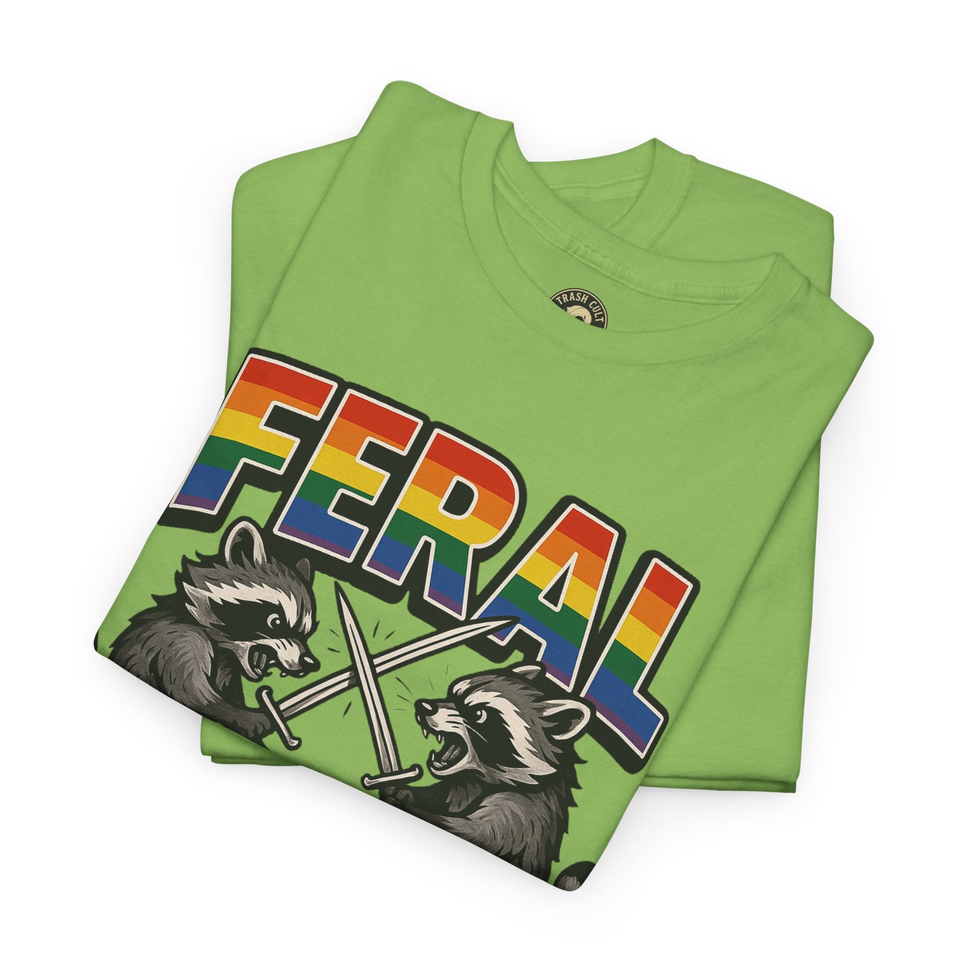 FERAL Rainbow Raccoon Sword Fighting Graphic Tee – Gildan 5000 Heavy Cotton