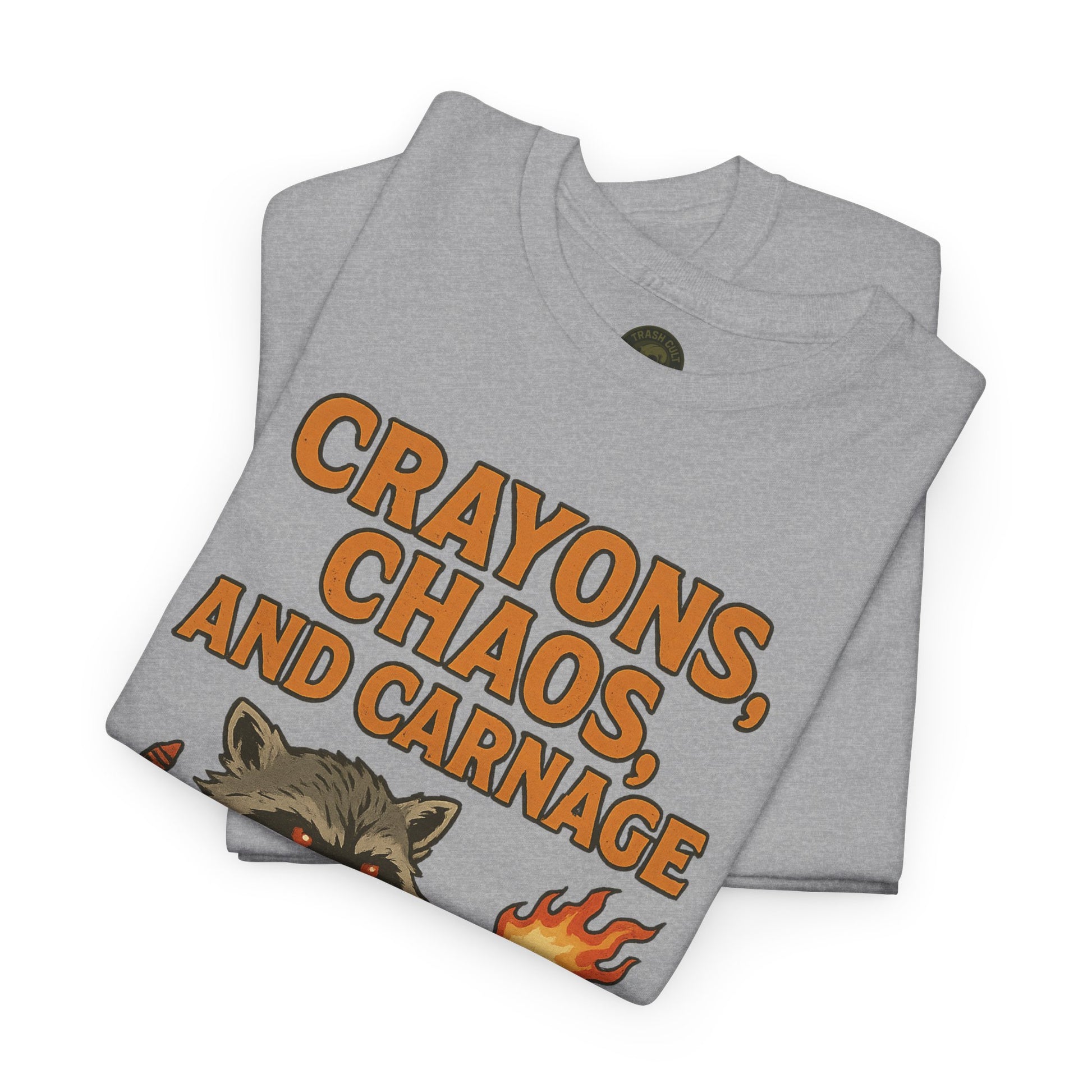 Crayons, Chaos, and Carnage T-Shirt – Dark Humor Raccoon Graphic | Trash Cult Supply Co. | Gildan 5000 Tee