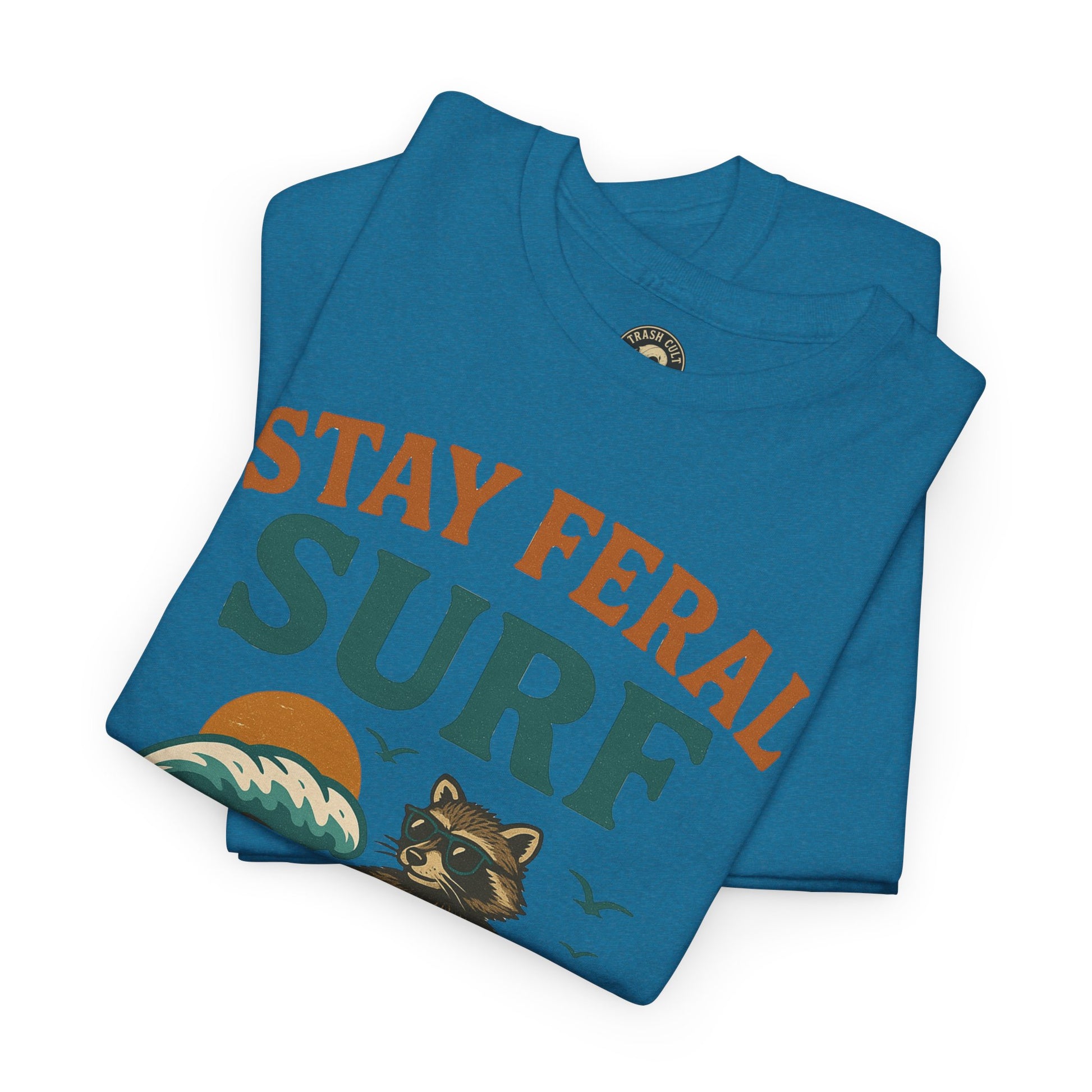 Stay Feral Surf Shirt – Retro Raccoon Beach Tee – Trash Cult Supply Co – Gildan 5000