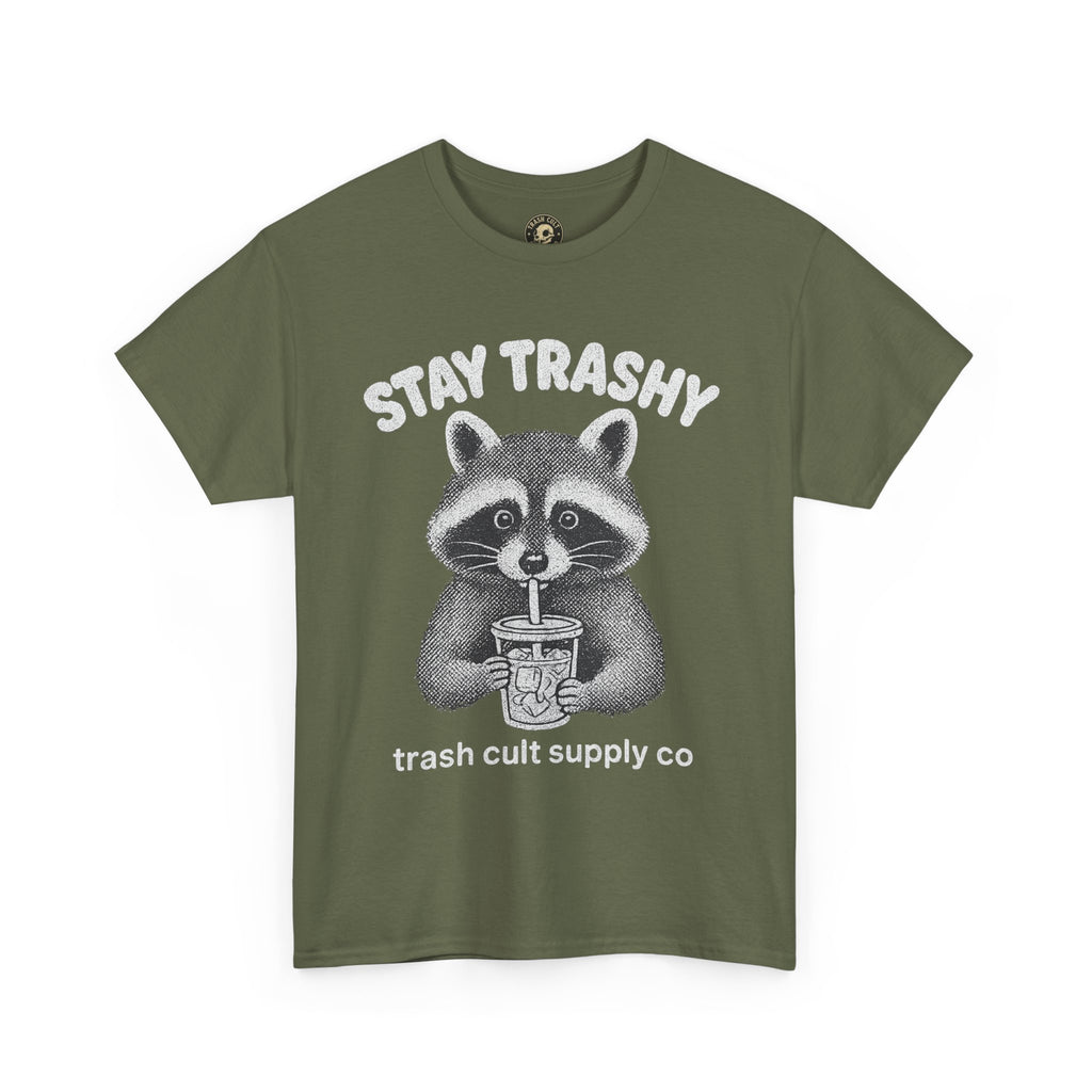 Stay Trashy Raccoon Iced Coffee Shirt – Halftone All White Design | Trash Cult Supply Co.