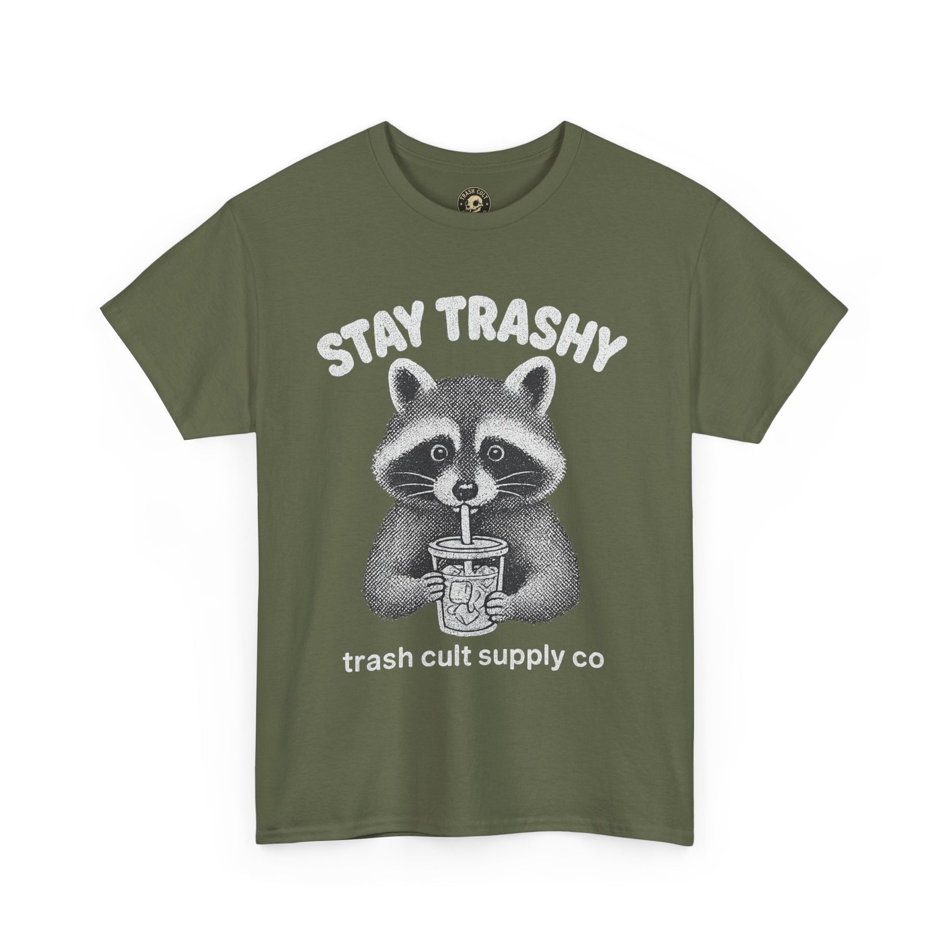 Stay Trashy Raccoon Iced Coffee Shirt – Halftone All White Design | Trash Cult Supply Co.
