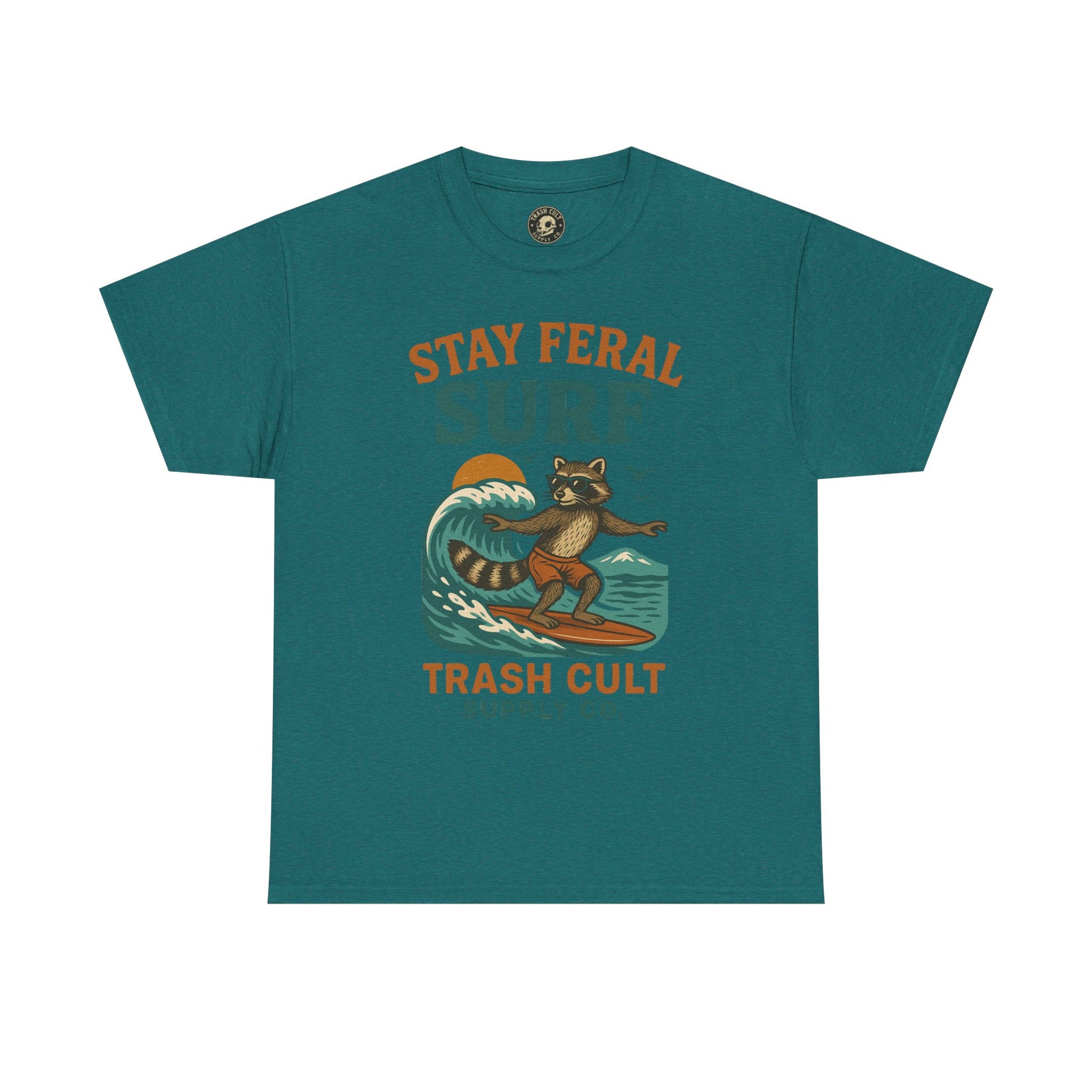 Stay Feral Surf Shirt – Retro Raccoon Beach Tee – Trash Cult Supply Co – Gildan 5000
