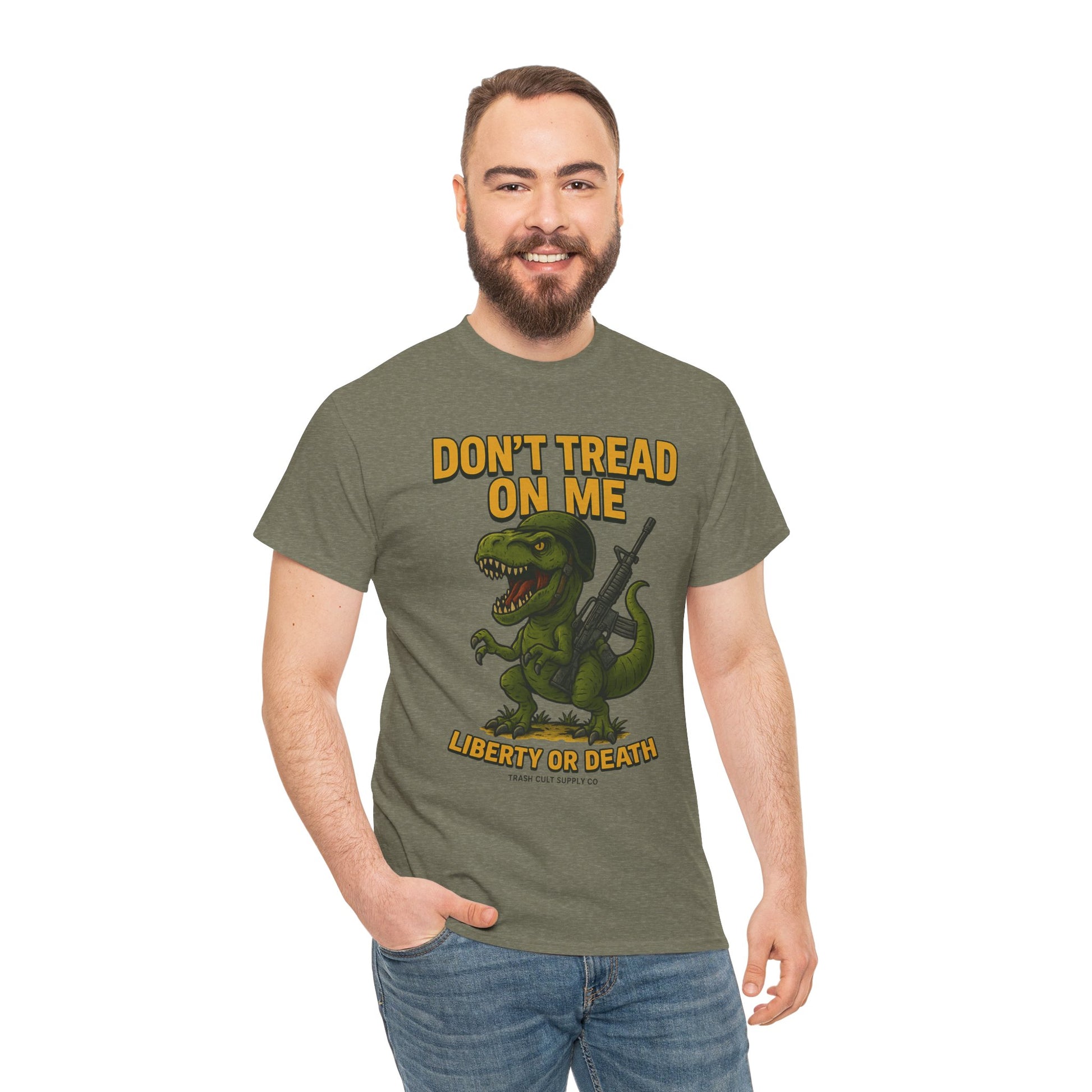 Don’t Tread On Me T-Rex T-Shirt – Liberty or Death Graphic | Trash Cult Supply Co. | Gildan 5000 Heavy Cotton