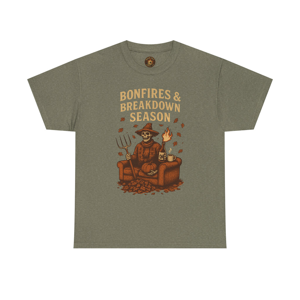 Bonfires & Breakdown Season Shirt – Skeleton Couch Chaos Tee – Fall of Humanity Collection – Trash Cult Supply Co.