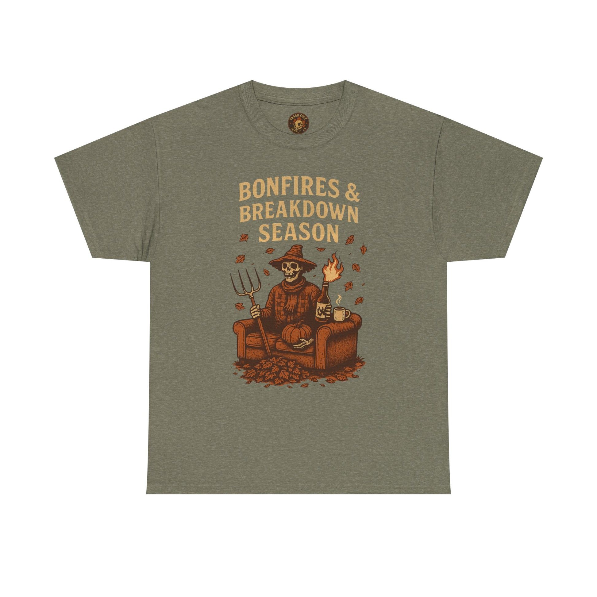 Bonfires & Breakdown Season Shirt – Skeleton Couch Chaos Tee – Fall of Humanity Collection – Trash Cult Supply Co.