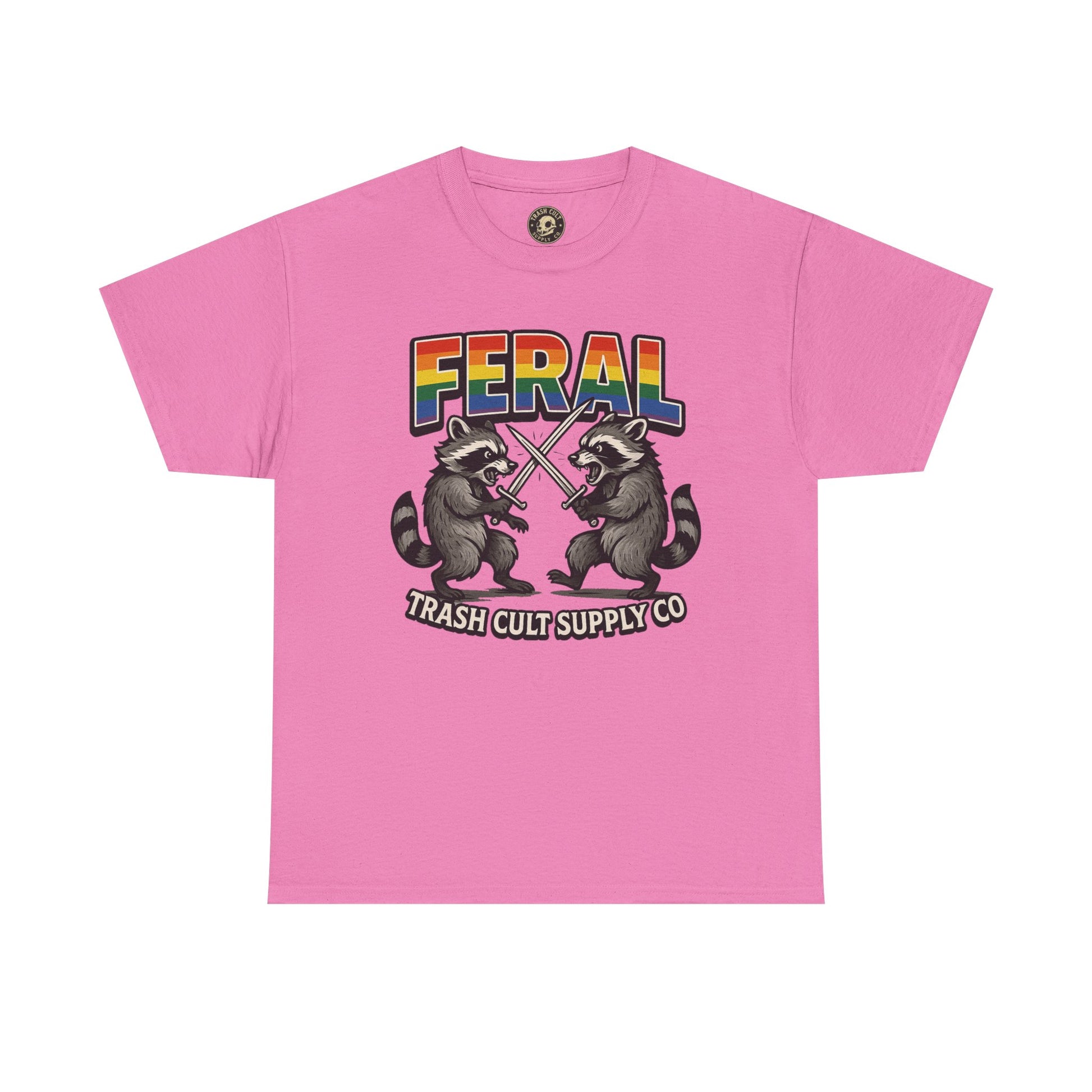 FERAL Rainbow Raccoon Sword Fighting Graphic Tee – Gildan 5000 Heavy Cotton