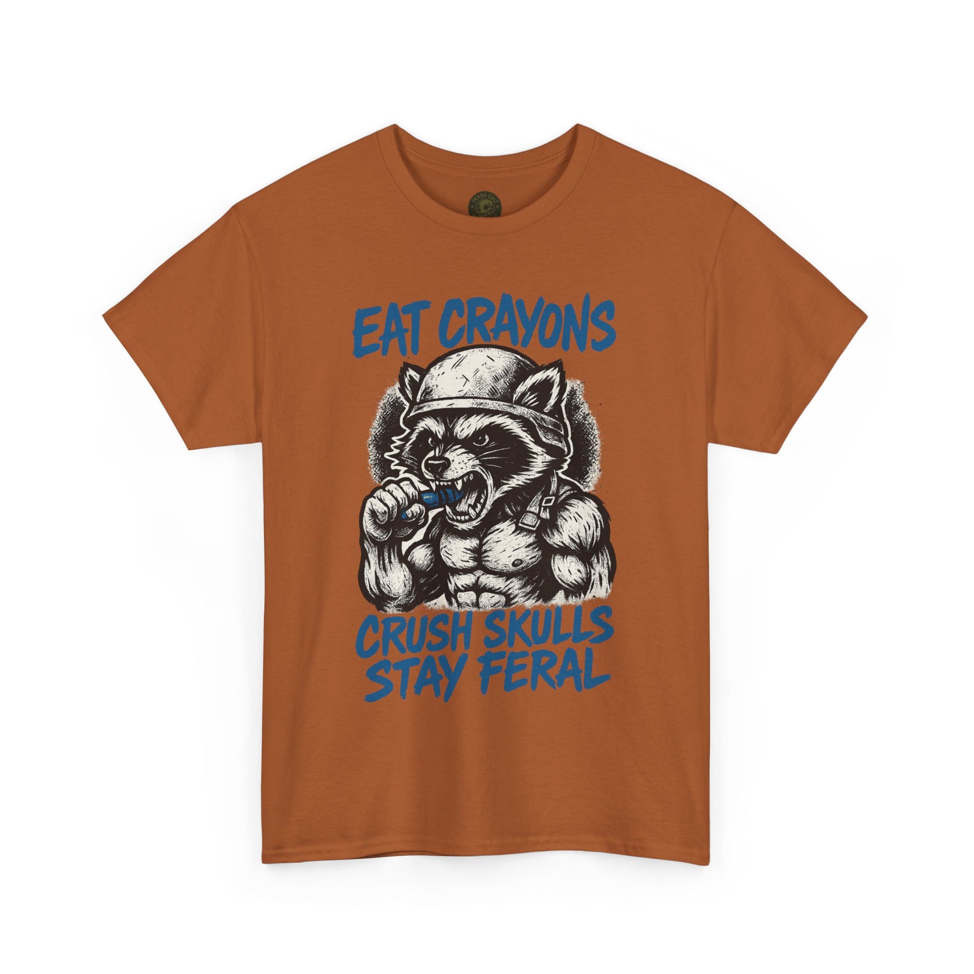 Eat Crayons Crush Skulls Stay Feral Military Raccoon Shirt – Gildan 5000