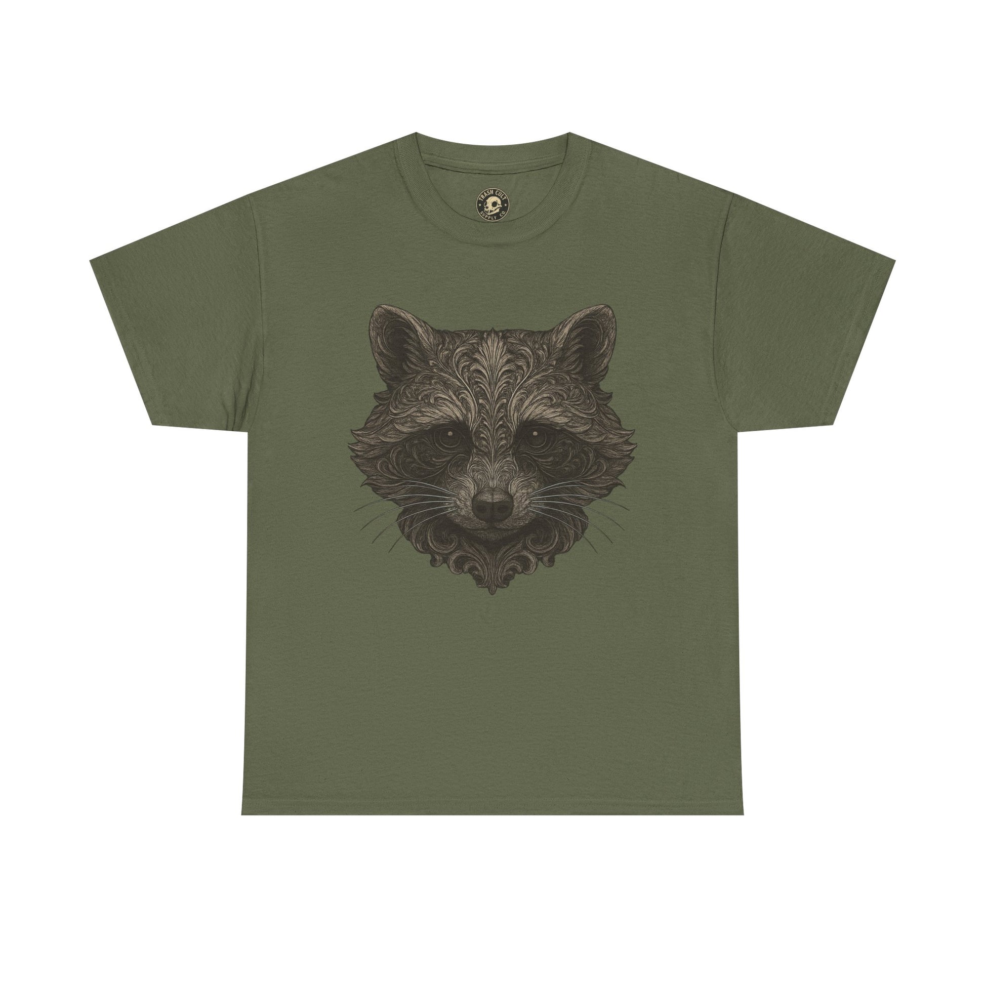 Ornate Raccoon Face Shirt – Intricate Woodland Animal Art Tee – Tattoo-Inspired Forest Aesthetic – Trash Cult Supply Co.
