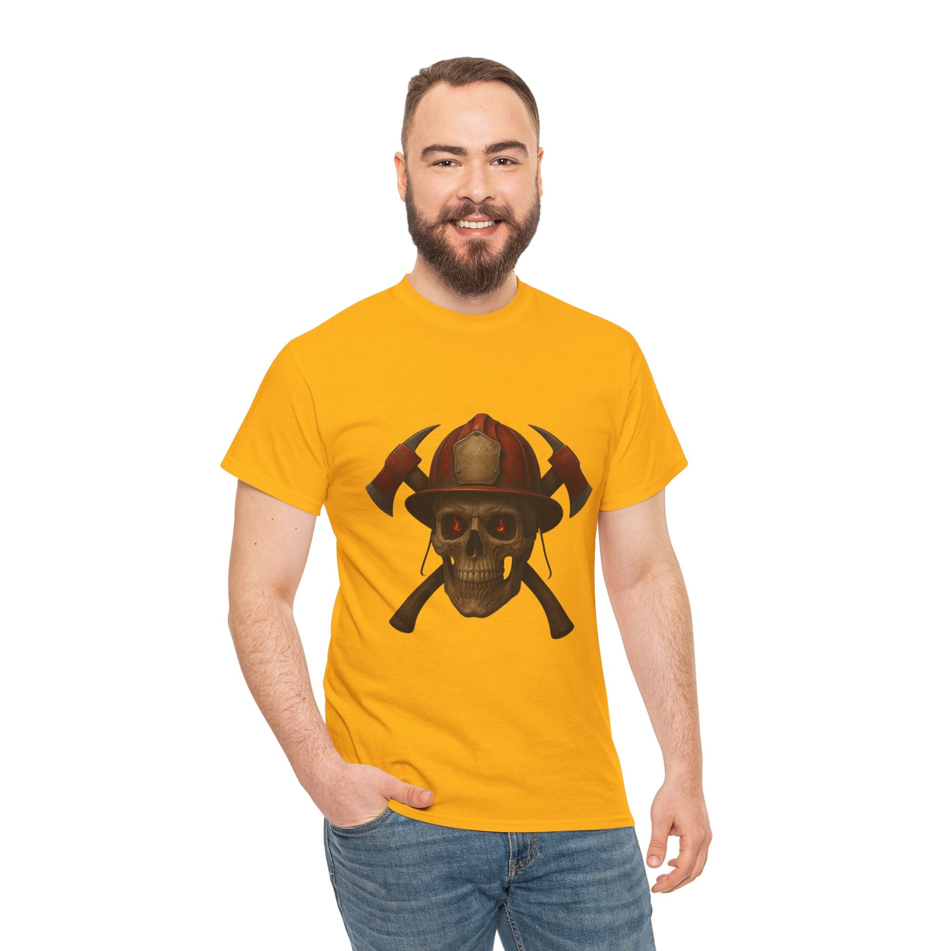 Skull Firefighter Tee, Unisex Heavy Cotton Shirt, Firefighter Gift, Halloween Costume T-Shirt, Unique Graphic Tee, Casual Wear