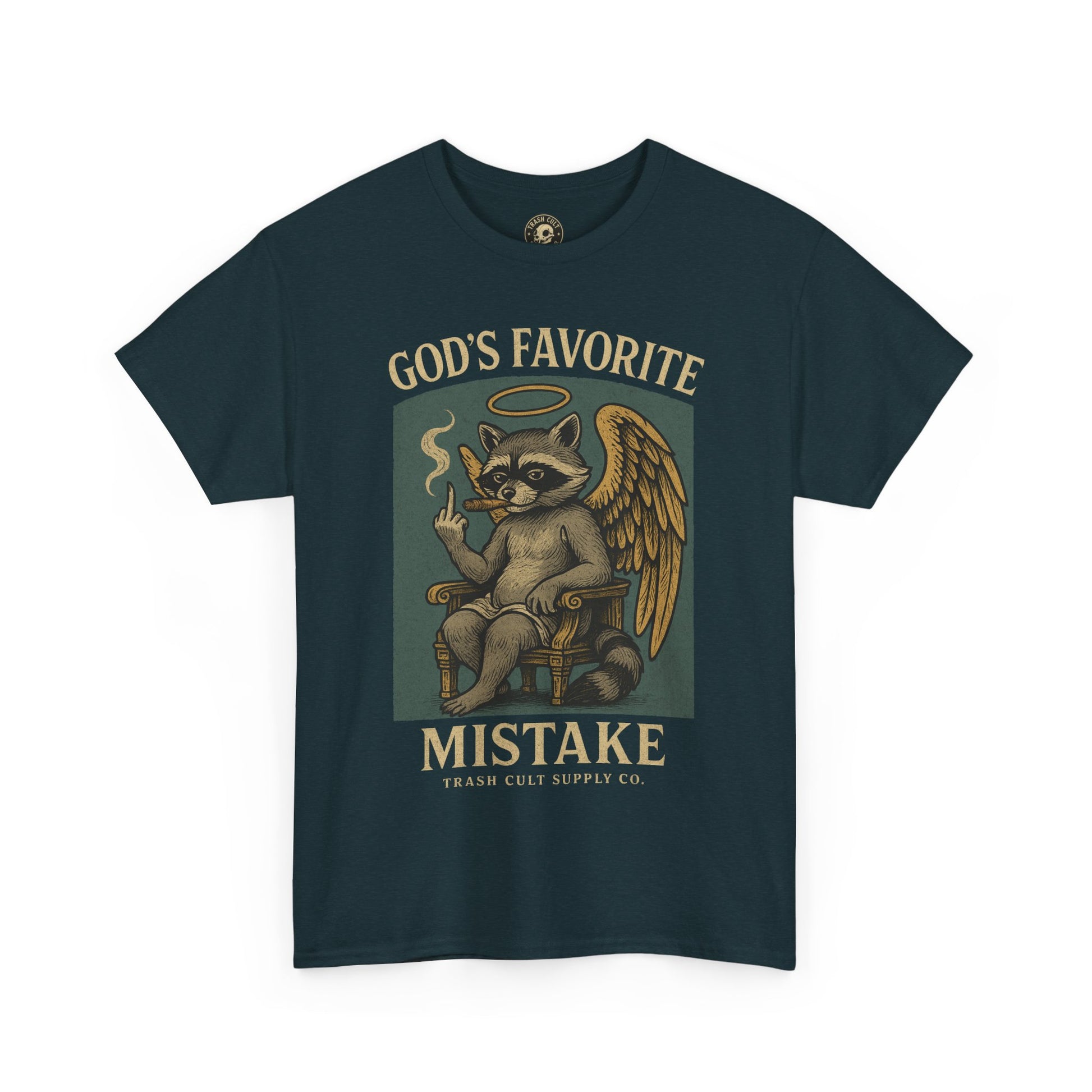 God’s Favorite Mistake Shirt – Raccoon Angel Flipping the Bird by Trash Cult Supply Co.