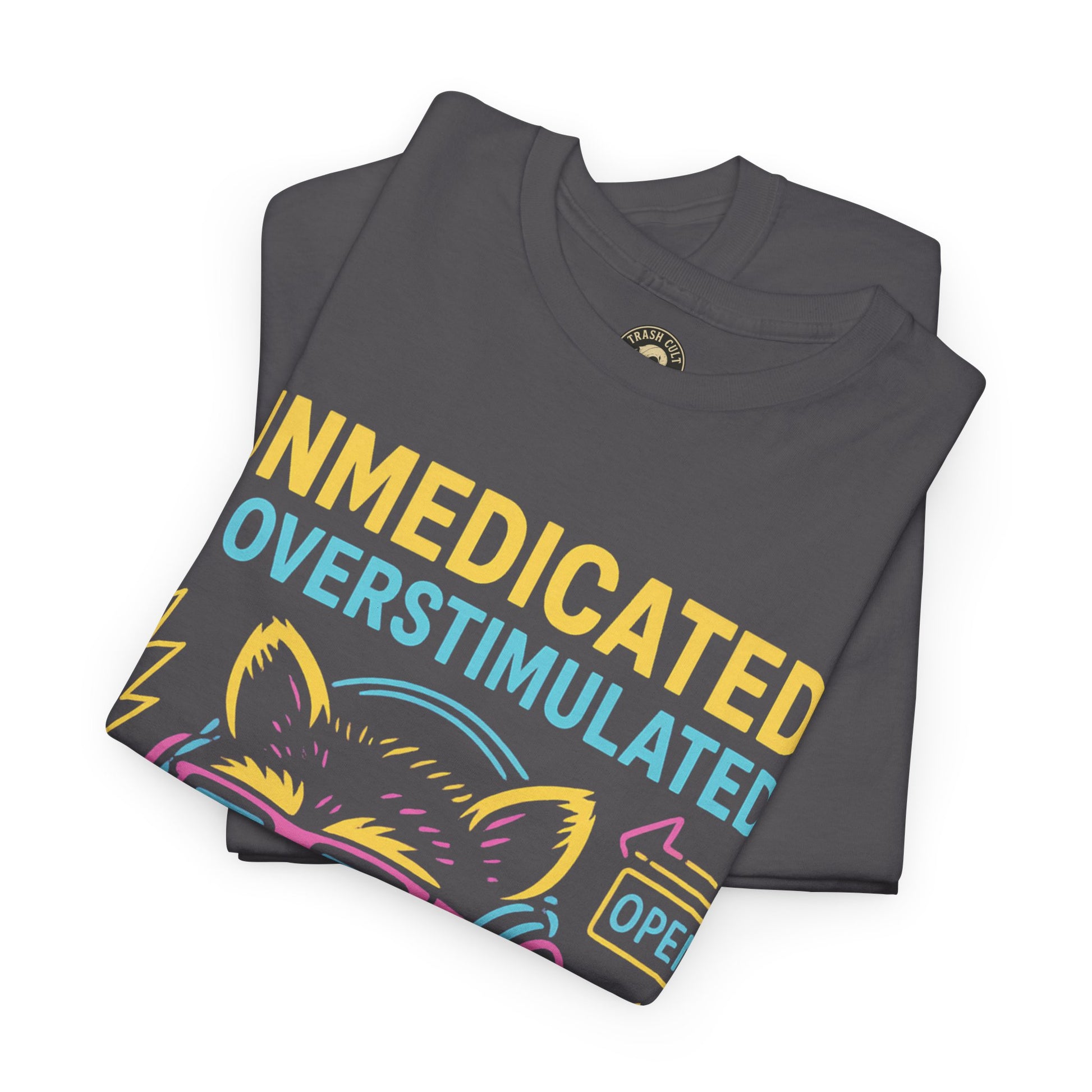 Unmedicated & Overstimulated Neon Raccoon ADHD Shirt – Trash Cult Supply Co. – Gildan 5000