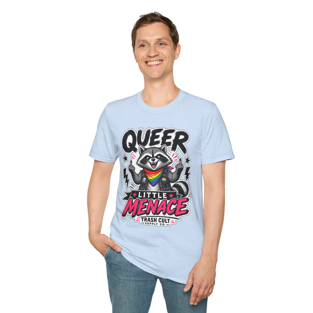 Queer Little Menace T-Shirt — Rainbow Raccoon Pride Graphic