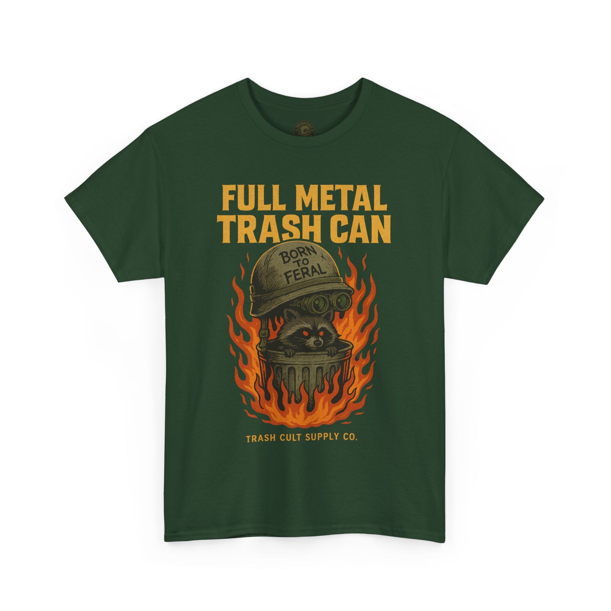 Full Metal Trash Can T-Shirt – Born to Feral Raccoon Graphic | Trash Cult Supply Co. | Gildan 5000 Tee