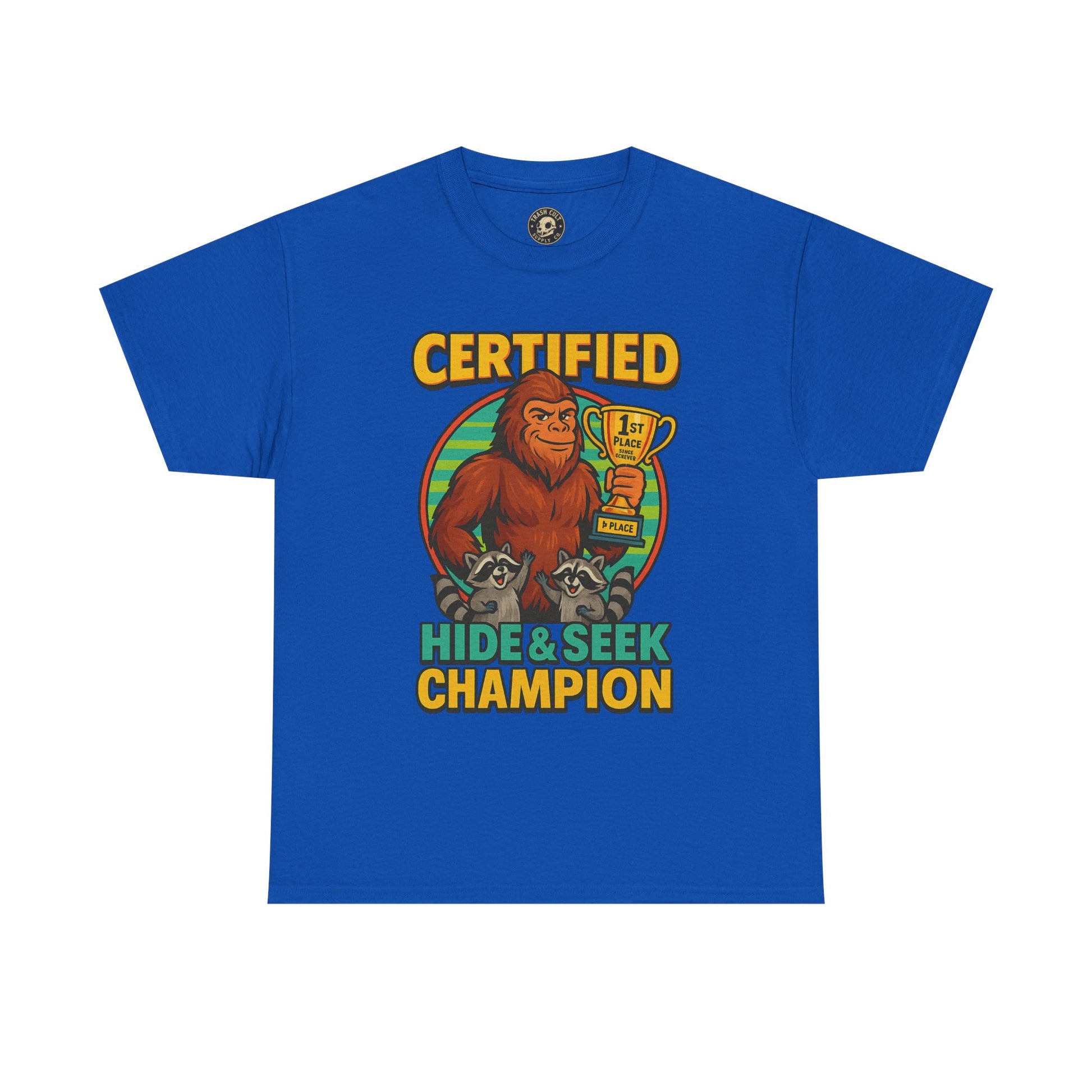 Certified Hide & Seek Champion Bigfoot T-Shirt – Funny Cryptid Shirt – Raccoon Forest Meme Tee – Gildan 5000