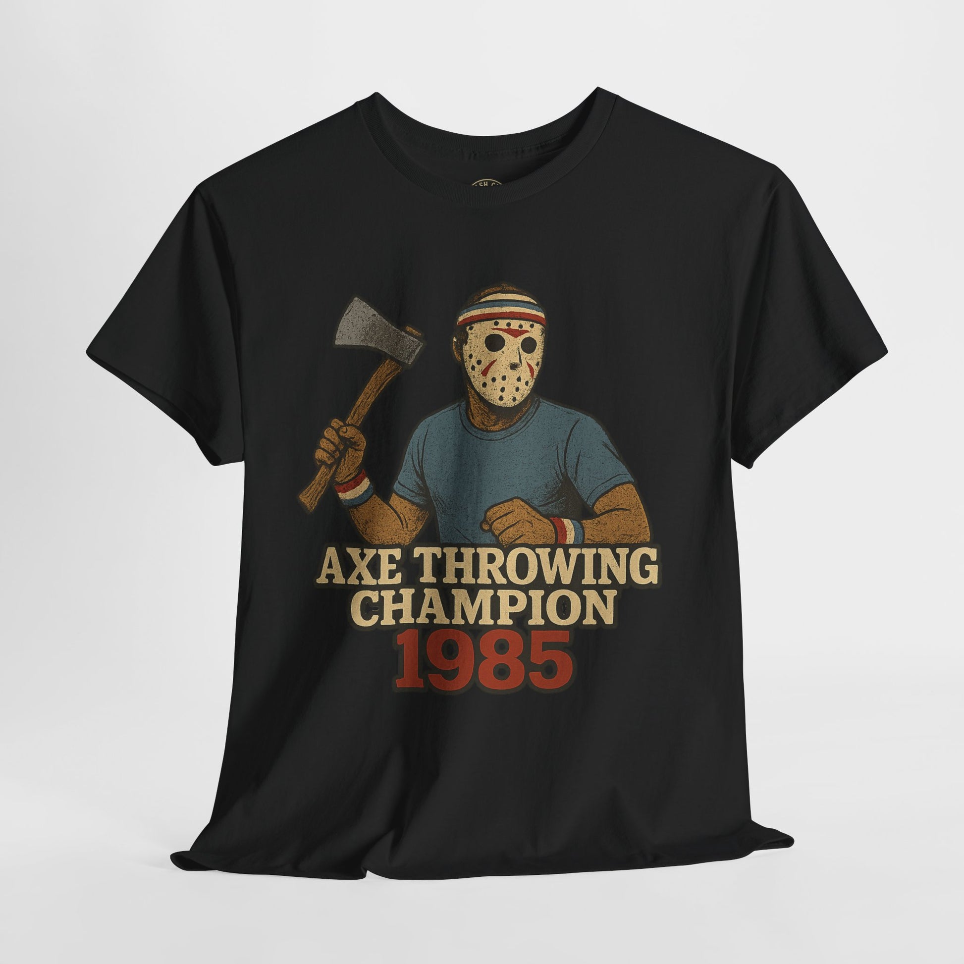 Jason Voorhees Axe Throwing Champion 1985 T-Shirt – Retro Slasher Workout Parody | Gildan 5000 Tee