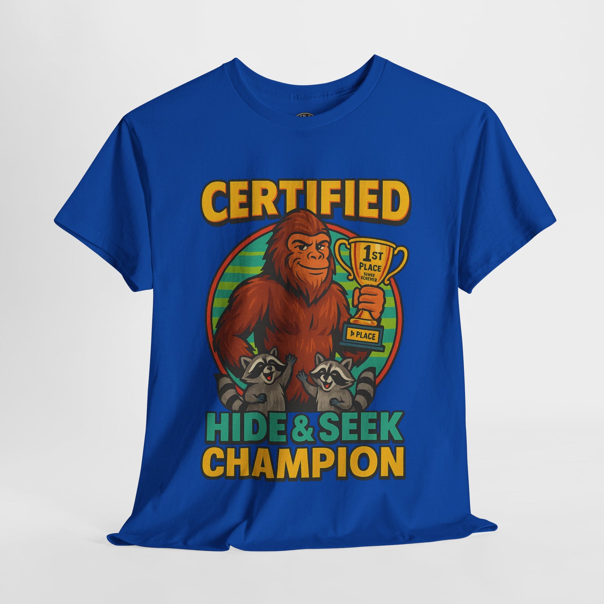 Certified Hide & Seek Champion Bigfoot T-Shirt – Funny Cryptid Shirt – Raccoon Forest Meme Tee – Gildan 5000