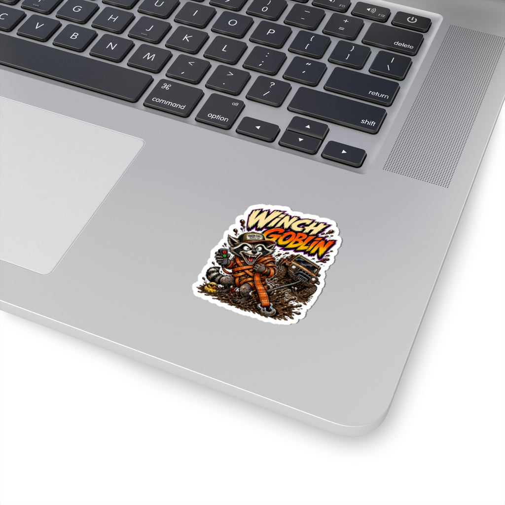 Winch Goblin Sticker — Off‑Road Raccoon Winching Decal