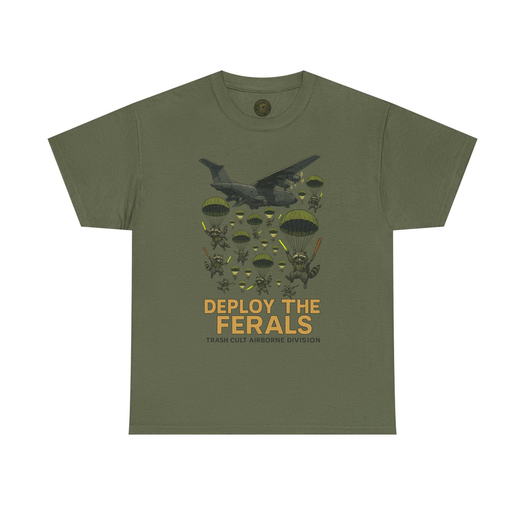 Deploy the Ferals T-Shirt – Airborne Raccoon Drop Graphic | Trash Cult Supply Co. | Gildan 5000 Heavy Cotton Tee