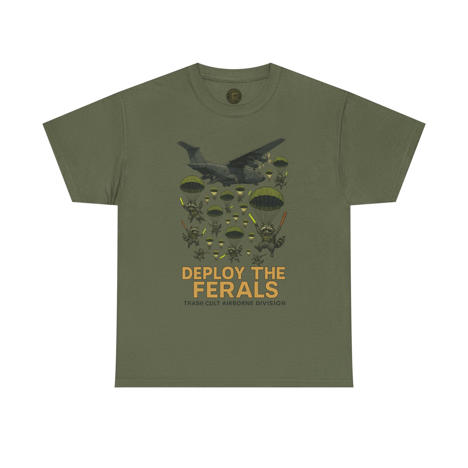 Deploy the Ferals T-Shirt – Airborne Raccoon Drop Graphic | Trash Cult Supply Co. | Gildan 5000 Heavy Cotton Tee