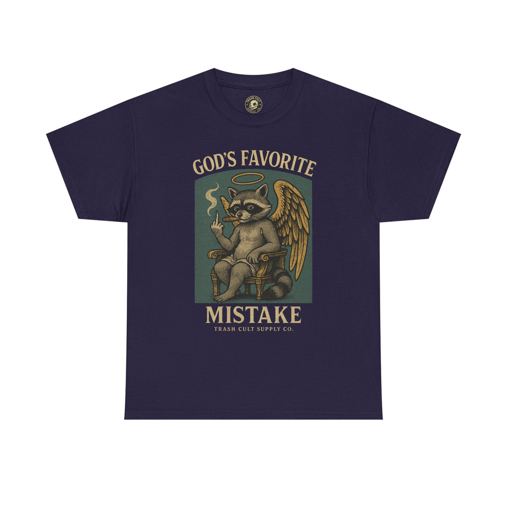 God’s Favorite Mistake Shirt – Raccoon Angel Flipping the Bird by Trash Cult Supply Co.