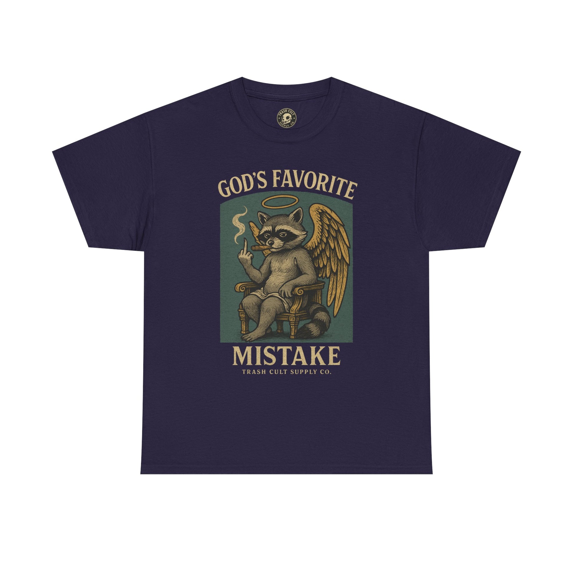 God’s Favorite Mistake Shirt – Raccoon Angel Flipping the Bird by Trash Cult Supply Co.