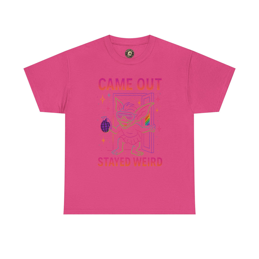 Came Out, Stayed Weird – Neon Gremlin Pride T-Shirt | Gildan Unisex Heavy Cotton Tee | LGBTQ+ Graphic Shirt