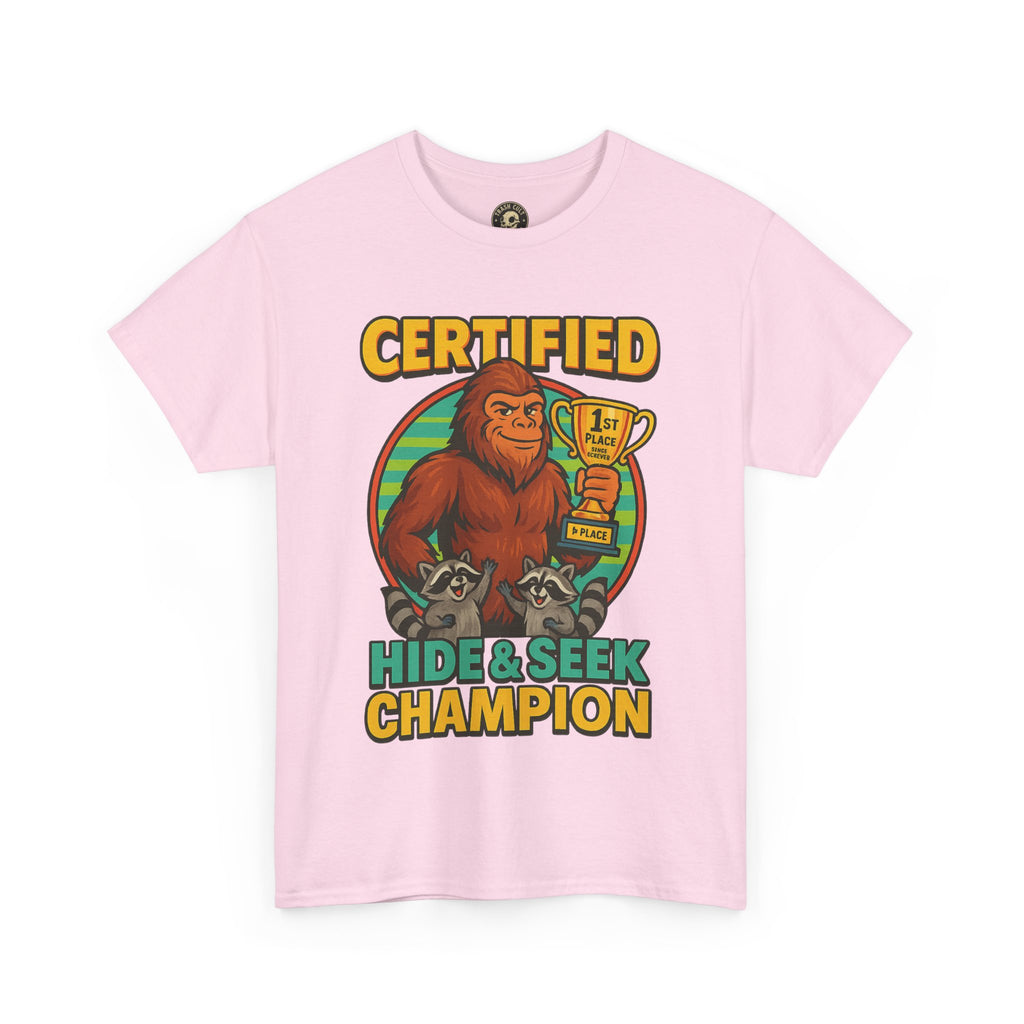 Certified Hide & Seek Champion Bigfoot T-Shirt – Funny Cryptid Shirt – Raccoon Forest Meme Tee – Gildan 5000
