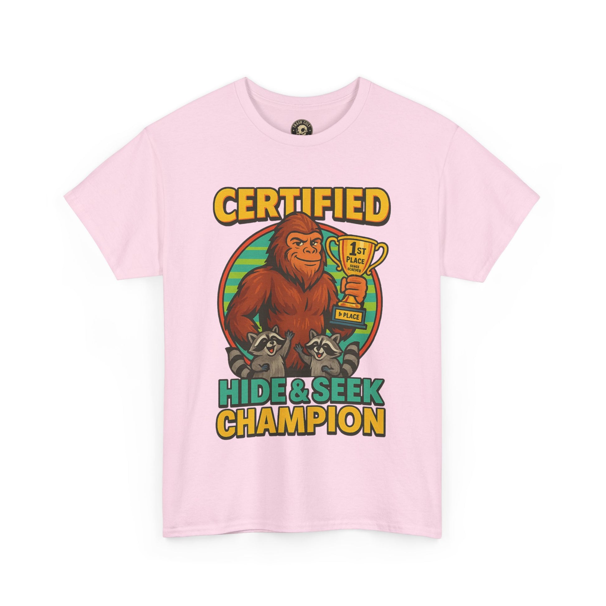 Certified Hide & Seek Champion Bigfoot T-Shirt – Funny Cryptid Shirt – Raccoon Forest Meme Tee – Gildan 5000
