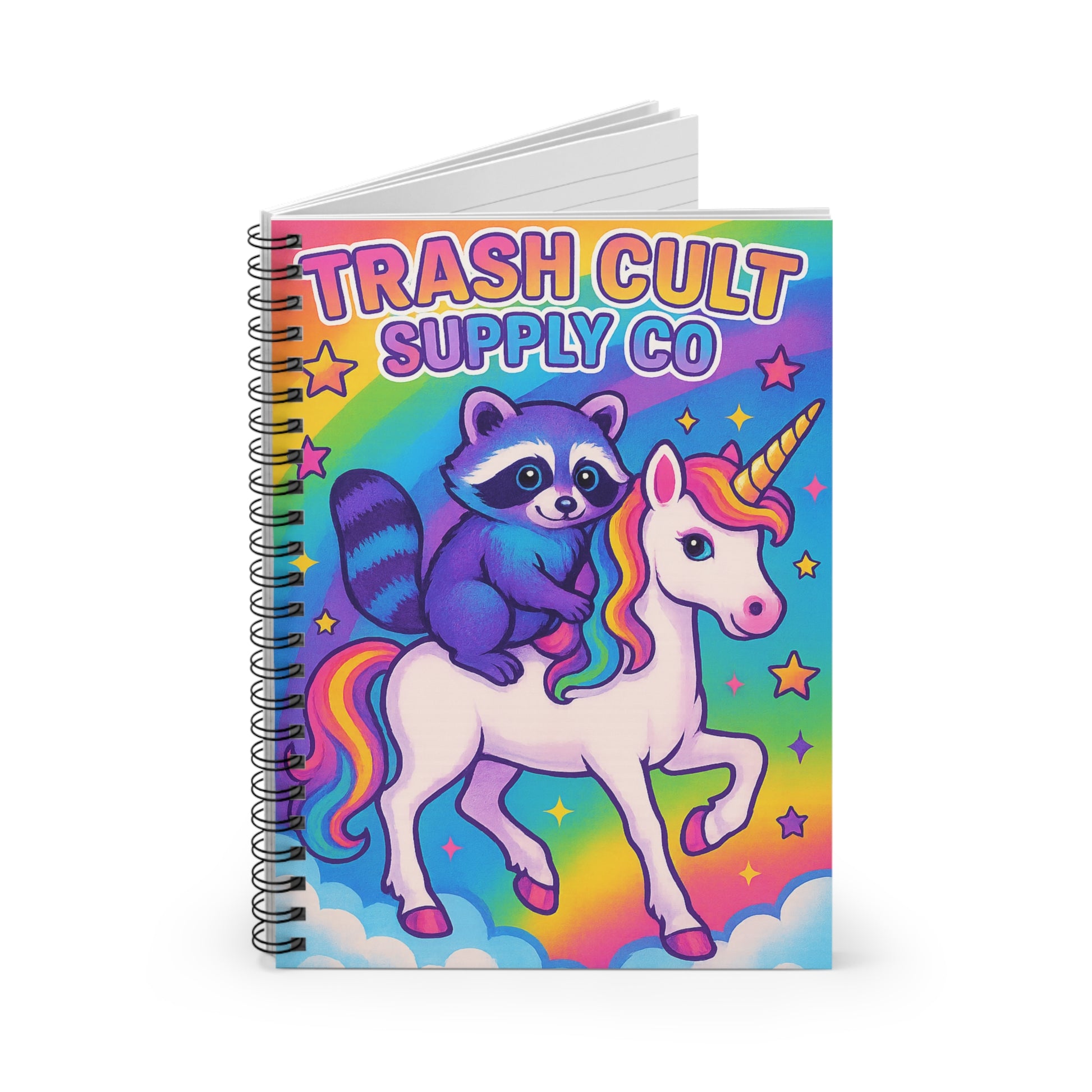 Colorful Unicorn Raccoon Spiral Notebook - Ideal for Kids, Students, Journaling, Gifts, Rainbow Theme, Trash Cult Supply Co