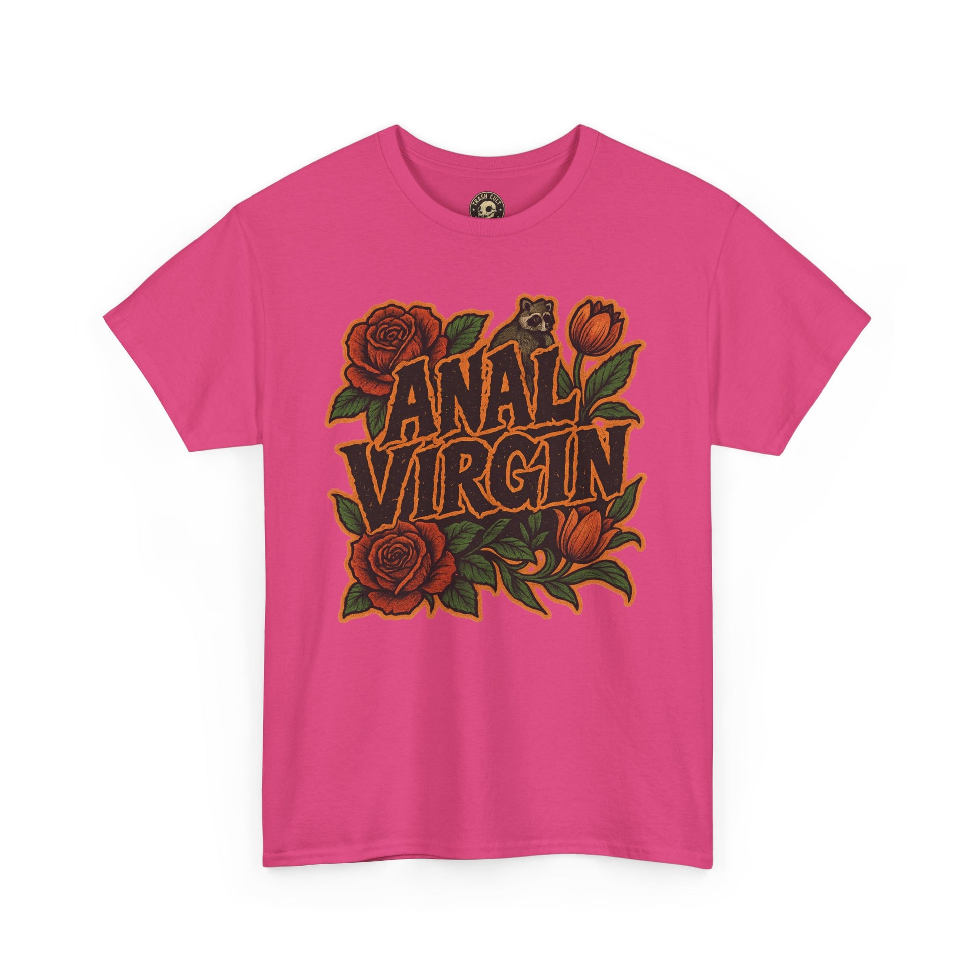 Anal Virgin Bold Floral Trashcore Tee – Funny Raccoon Shirt – Gildan 5000