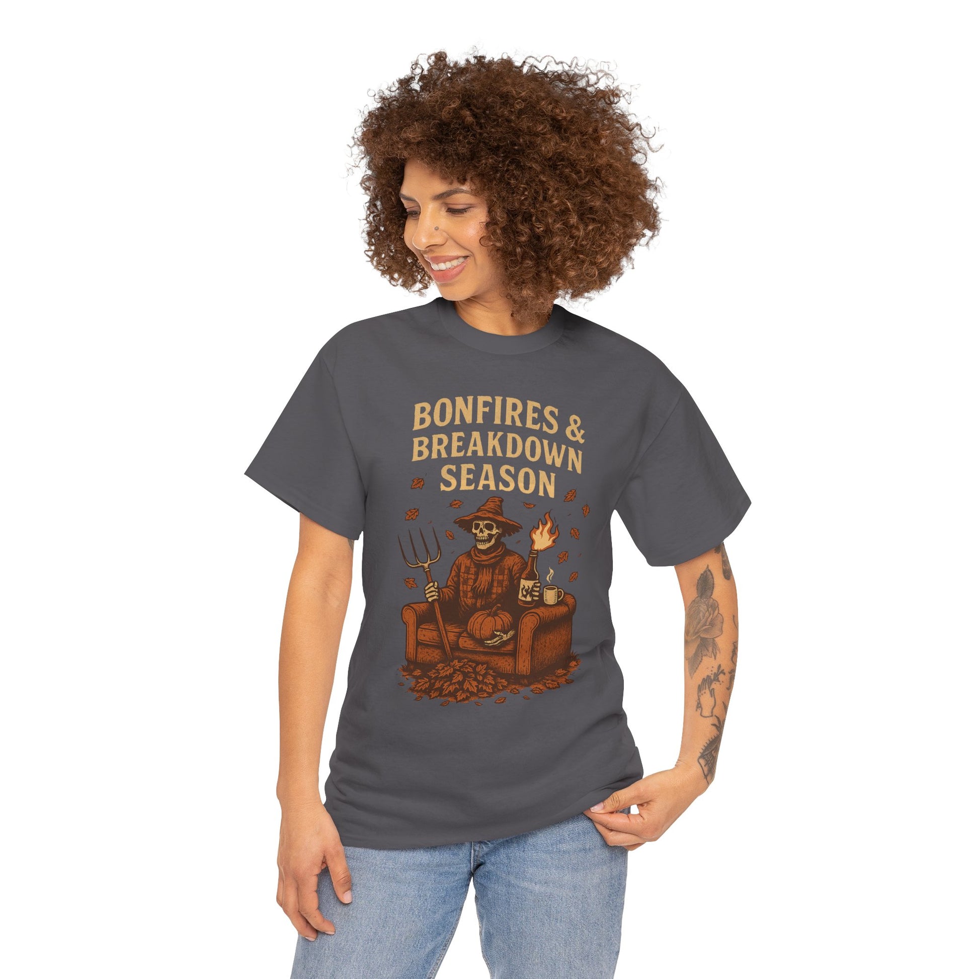 Bonfires & Breakdown Season Shirt – Skeleton Couch Chaos Tee – Fall of Humanity Collection – Trash Cult Supply Co.