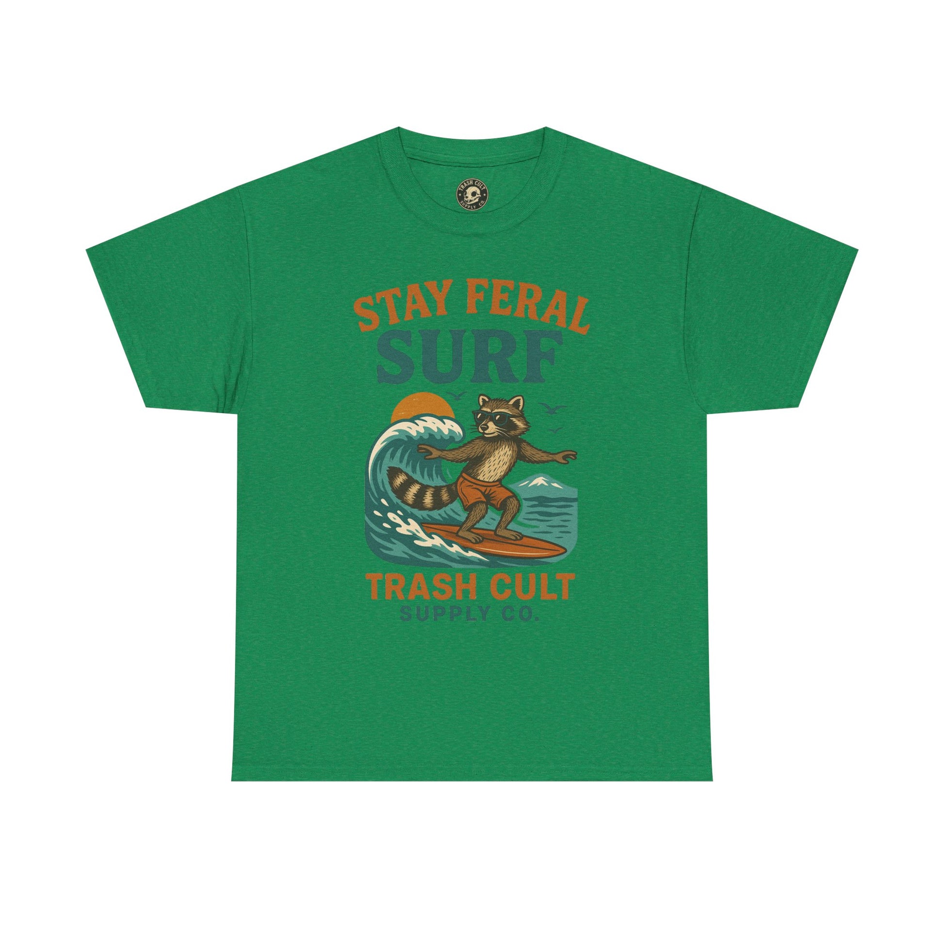 Stay Feral Surf Shirt – Retro Raccoon Beach Tee – Trash Cult Supply Co – Gildan 5000