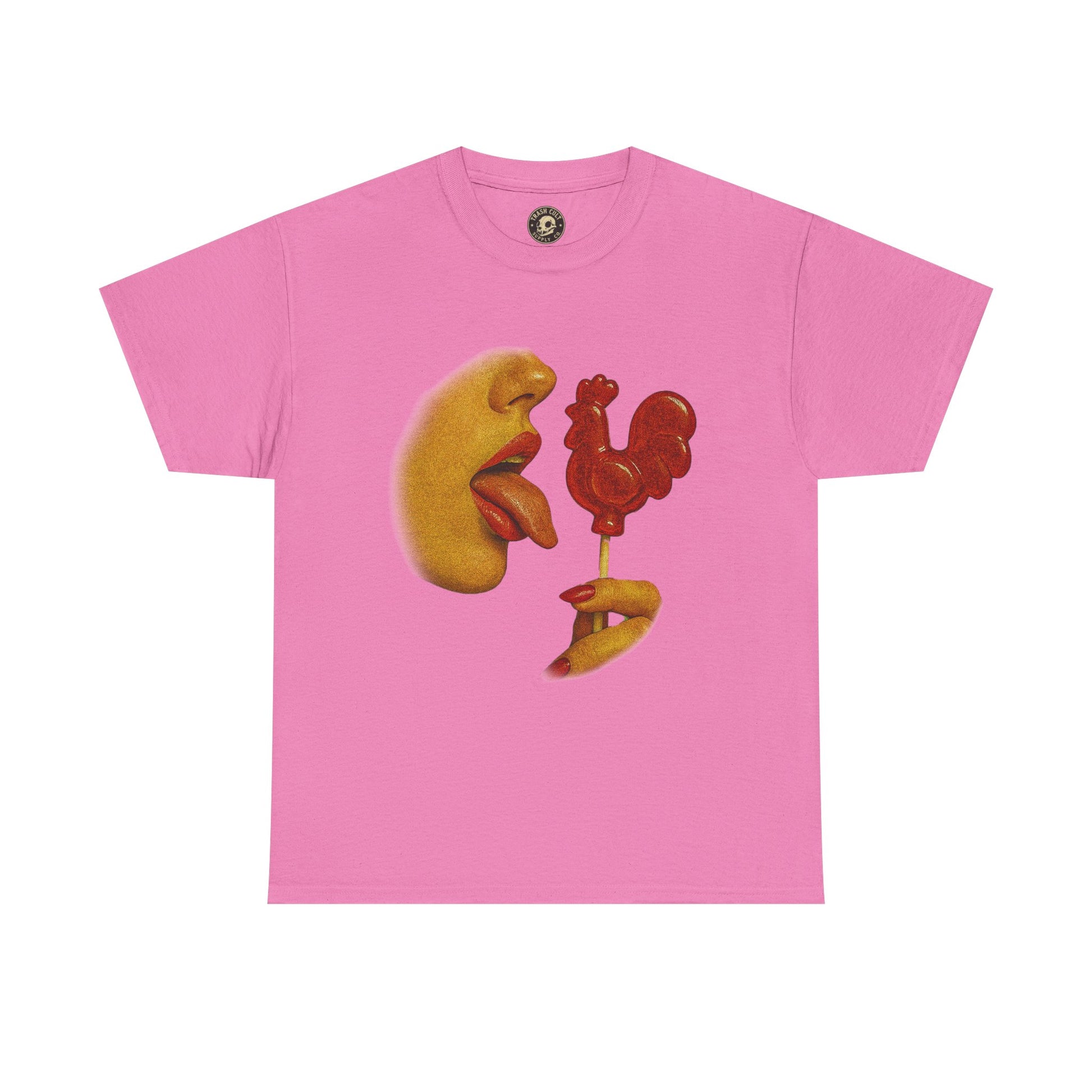 Bold Retro Halftone Tease – Red Rooster Lollipop Graphic Tee