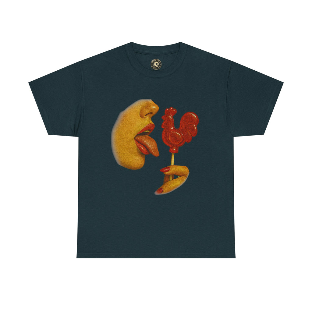 Bold Retro Halftone Tease – Red Rooster Lollipop Graphic Tee