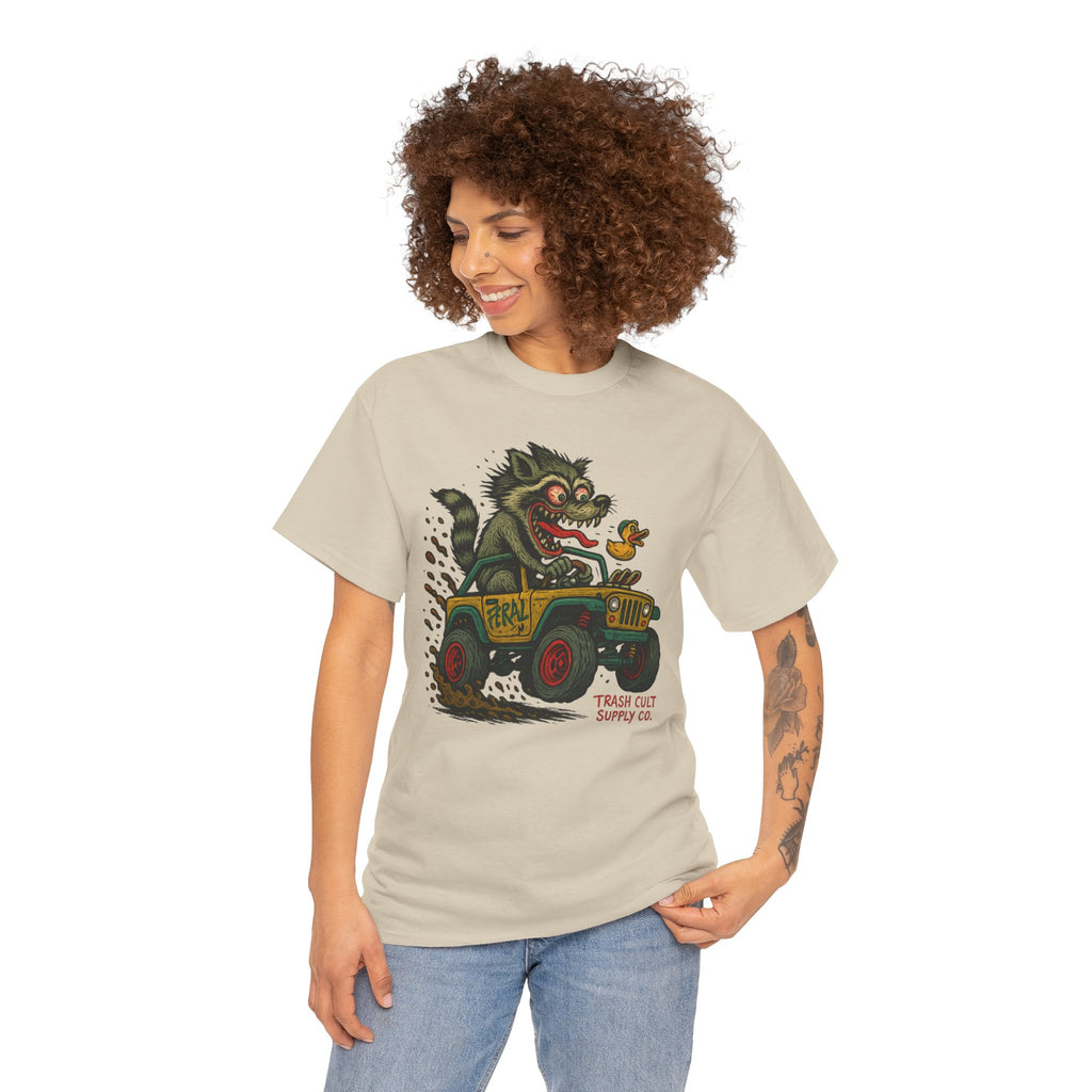 Feral Jeep Raccoon Shirt – Ed Roth Style Off-Road Chaos | Trash Cult Supply Co | Gildan 5000 Tee