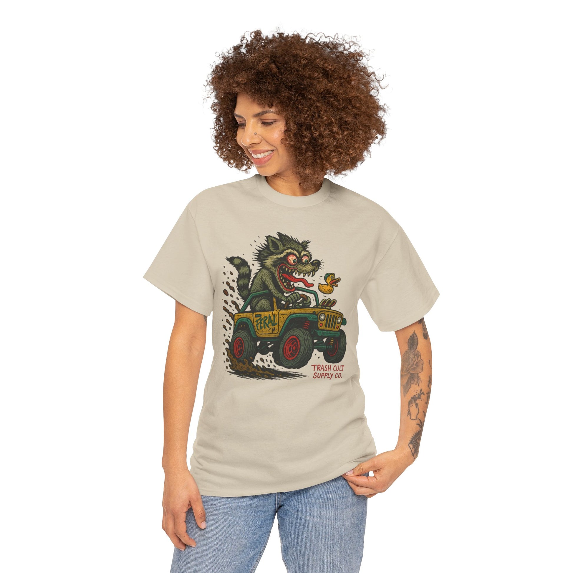 Feral Jeep Raccoon Shirt – Ed Roth Style Off-Road Chaos | Trash Cult Supply Co | Gildan 5000 Tee