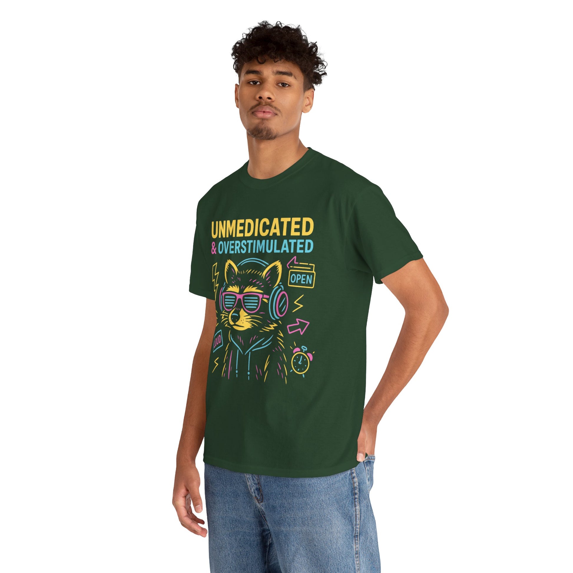 Unmedicated & Overstimulated Neon Raccoon ADHD Shirt – Trash Cult Supply Co. – Gildan 5000