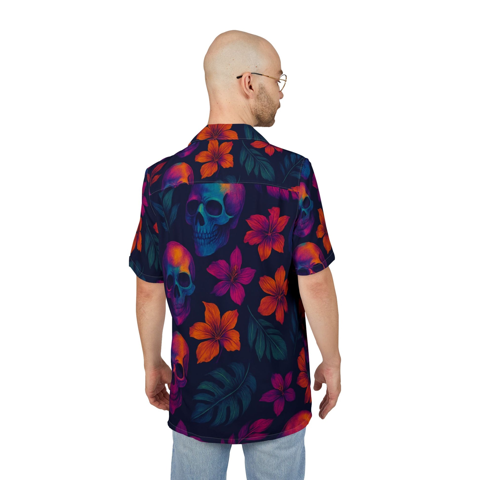Vibrant Skull Floral Hawaiian Shirt, Beachwear, Summer Party Top, Casual Unisex Button-Down, Festival Shirt, Vacation Outfit