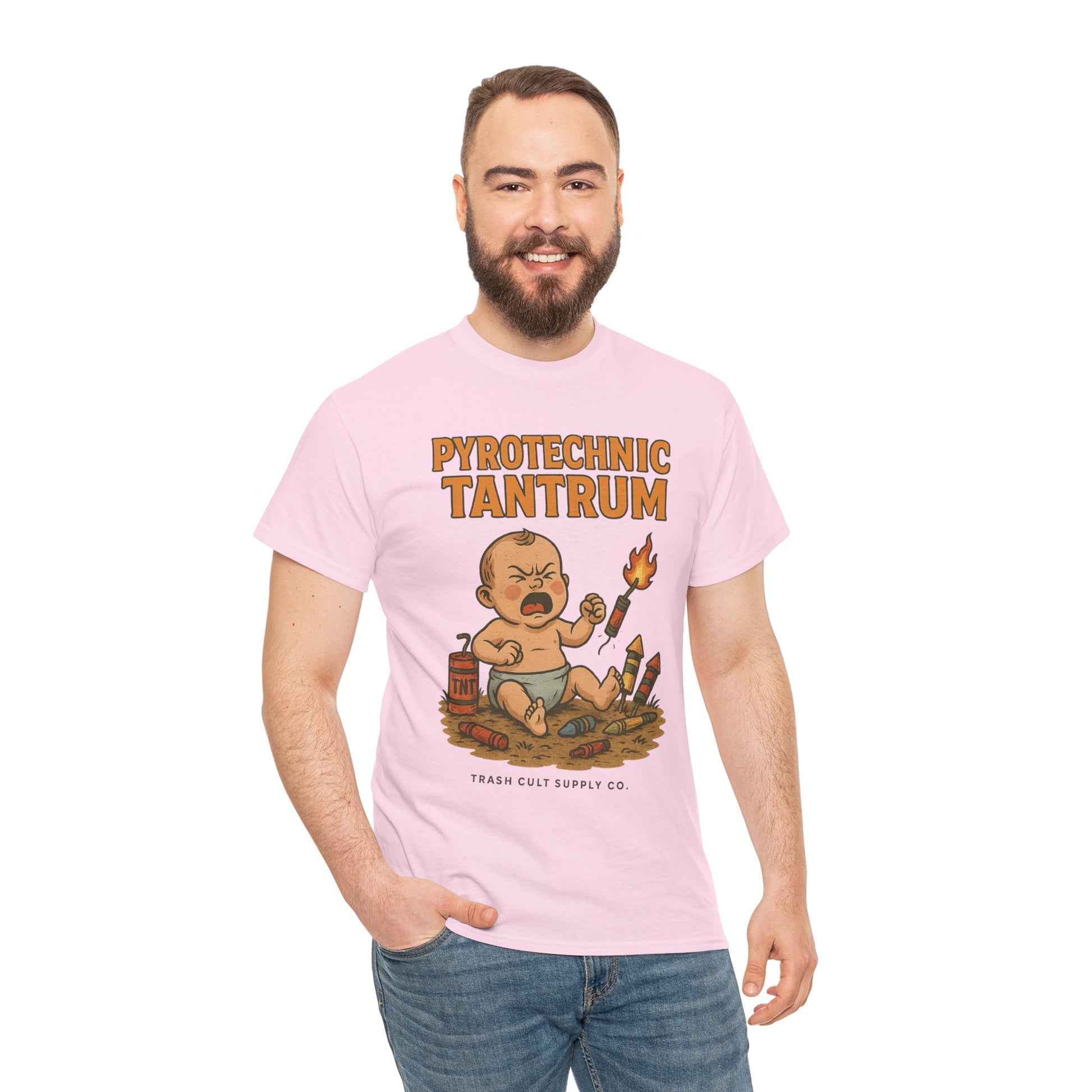 Pyrotechnic Tantrum T-Shirt – Explosive Baby Humor Graphic | Trash Cult Supply Co. | Gildan 5000 Tee