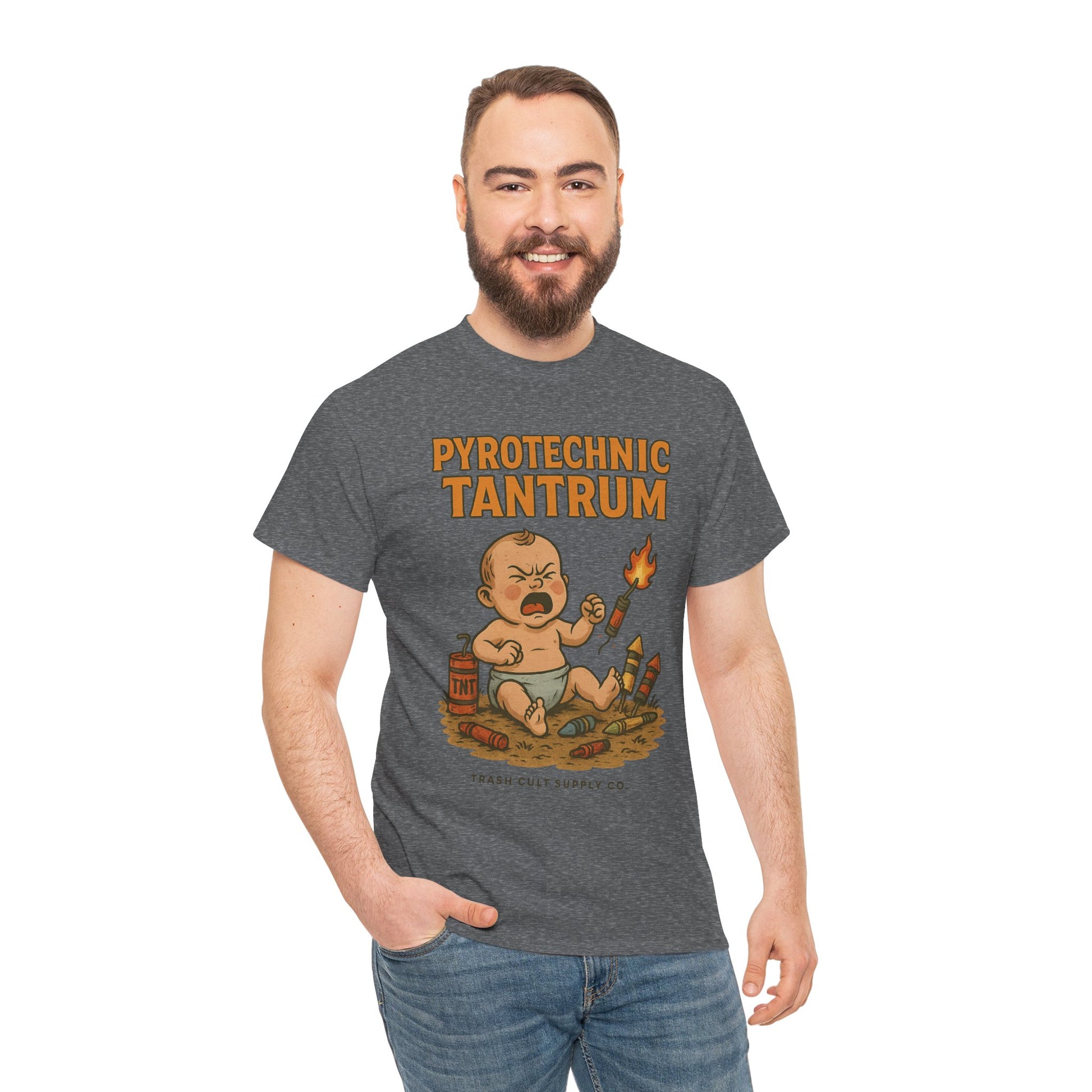 Pyrotechnic Tantrum T-Shirt – Explosive Baby Humor Graphic | Trash Cult Supply Co. | Gildan 5000 Tee