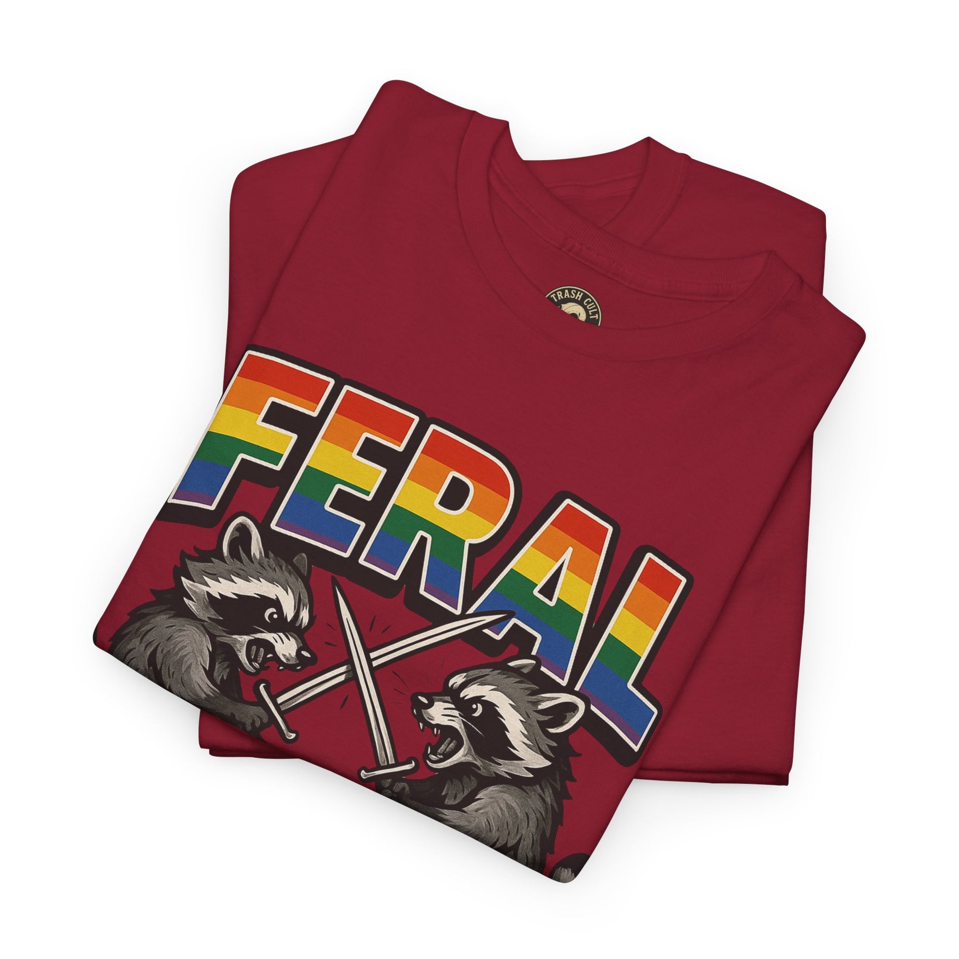 FERAL Rainbow Raccoon Sword Fighting Graphic Tee – Gildan 5000 Heavy Cotton