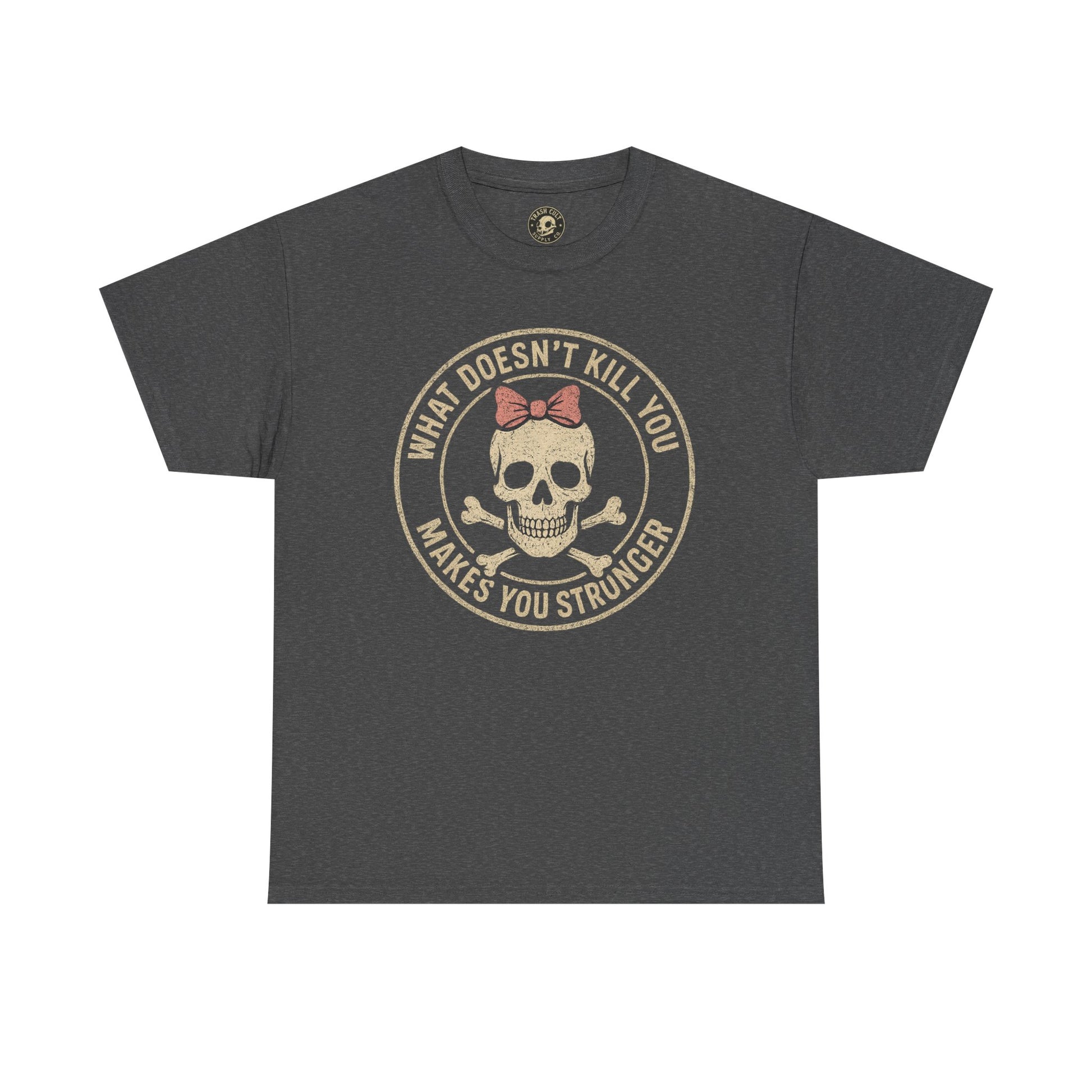 “What Doesn’t Kill You Makes You Stronger” Skull & Bow T-Shirt – Vintage Grunge Graphic | Gildan 5000