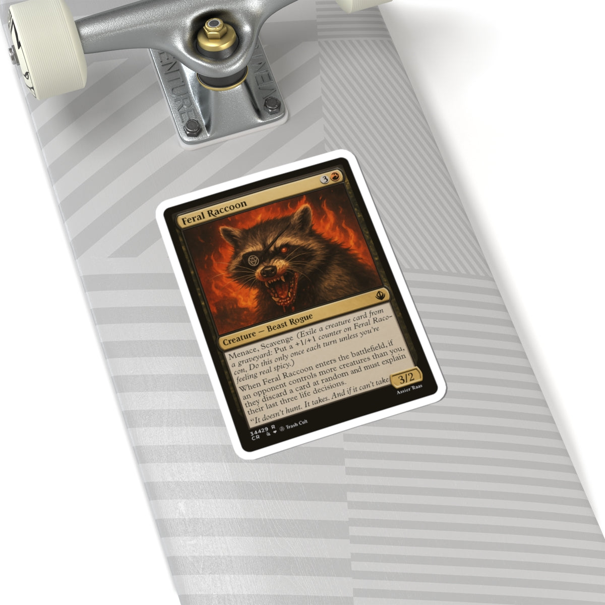Feral Raccoon Magic Card Sticker – Funny MTG-Inspired Kiss Cut Sticker, Trash Cult Creature Card, Chaotic Beast Rogue
