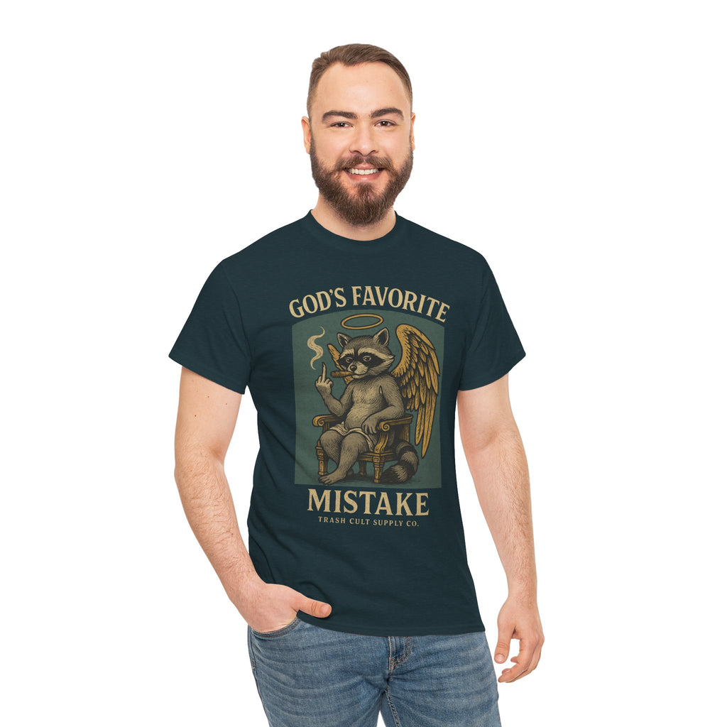 God’s Favorite Mistake Shirt – Raccoon Angel Flipping the Bird by Trash Cult Supply Co.