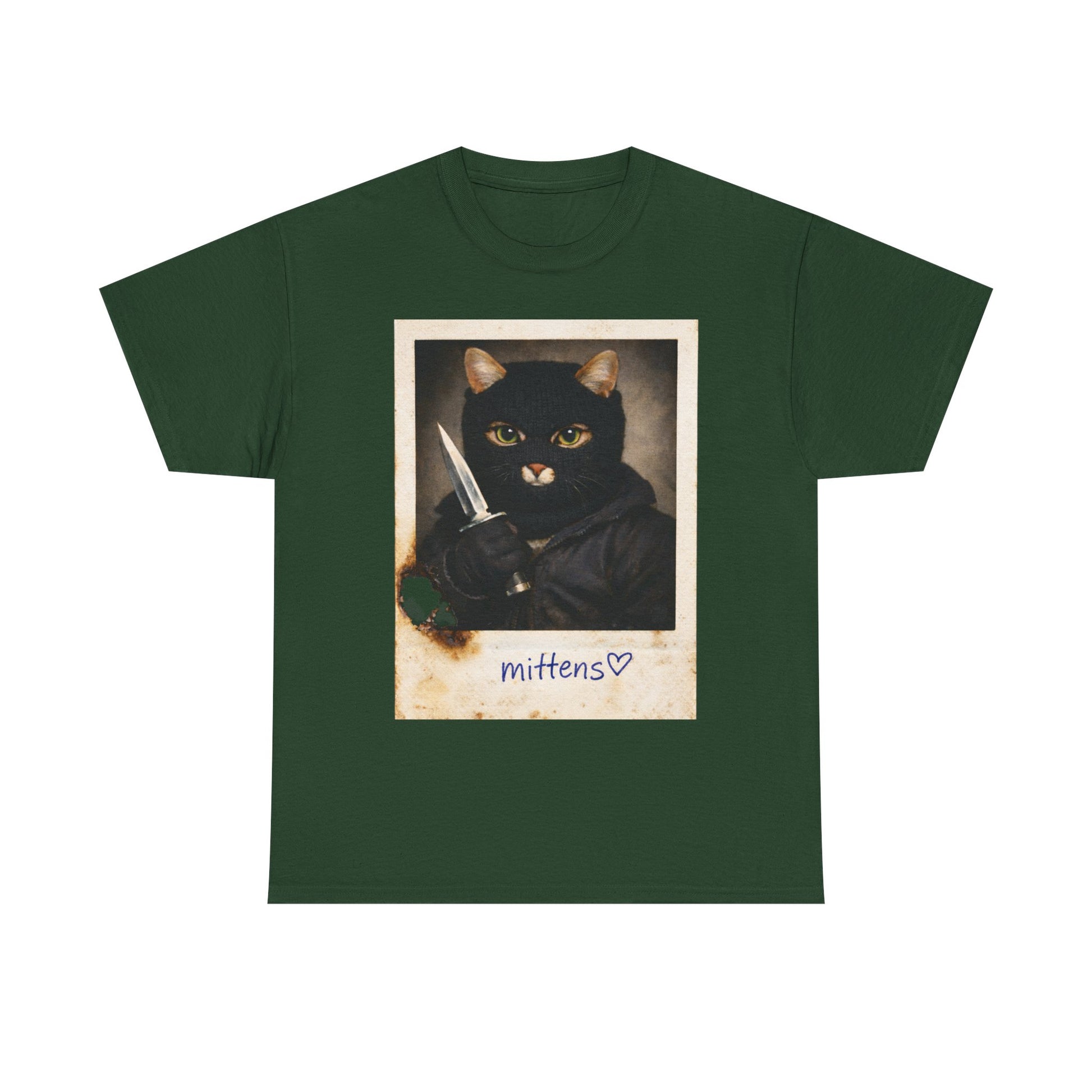 Cat With Knife Tee — "Mittens" Dark Humor Vintage Polaroid Graphic T-Shirt